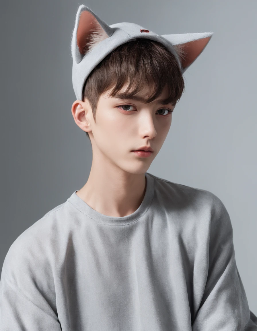 Cute shy boy, have cat ear, beggy clothes, very cute, uke, blushing cheek, shyly, cute cat look like, clinggy vibe