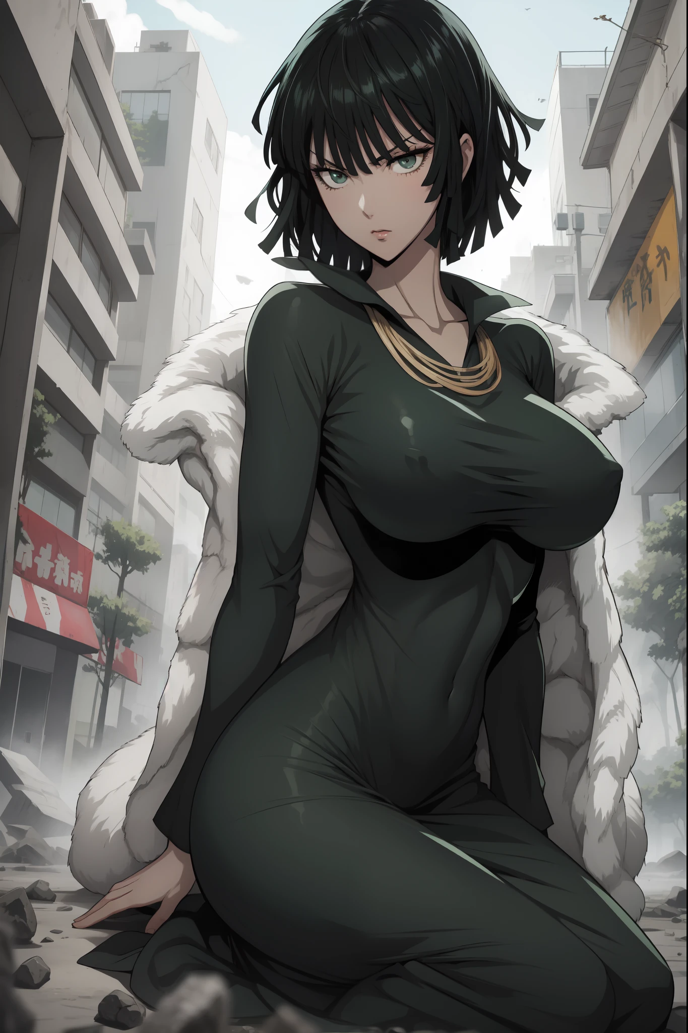 Anime art style, Fubuki from one punch man, green hair, white skin, wearing V-neck dress, sitting on knees in a destroyed city, cinematic fog, blushing cheeks, blush expression, dynamic pose, big breast, big hips, NSFW, side view,
