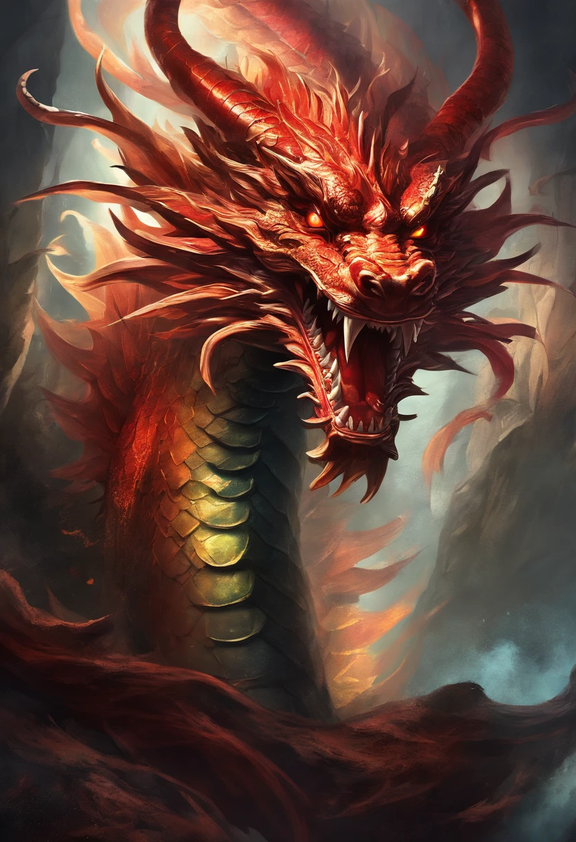 (Best quality, high resolution:1.2), (Realistic,Photorealistic:1.37), Black background, The head of a Chinese dragon emerges from the darkness, Front faucet,Weak red red eyes, intricately details.