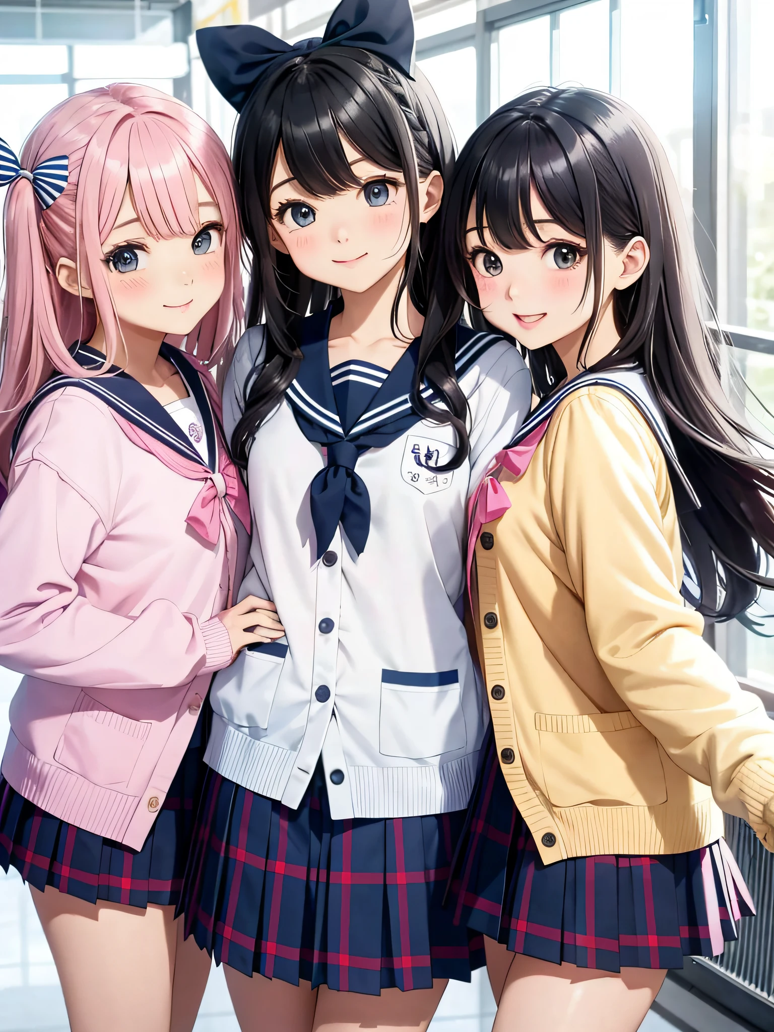 hiquality、Three beautiful girls、kawaii hairstyle、Cute hair dyes、Cute colorful sailor suit、white sailor collar、Sweet Plaid Pleated Skirt、Cute colorful school cardigan、amusement park、 Dancing with a sly smile、Pantychosis、Shot at Panti