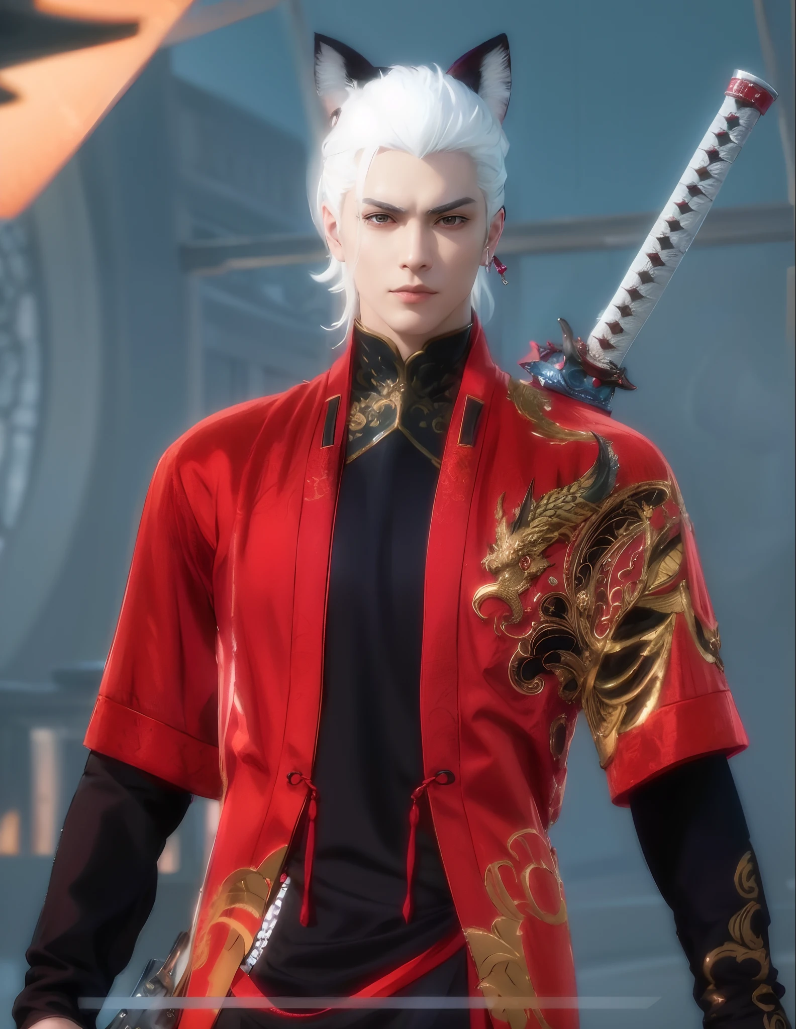 arafed image of a man with a sword and a red jacket, son of sparda, crimson attire, crimson clothes, very detailed and rich clothing, as a character in tekken, dragon-inspired cloth robes, vergil from devil may cry, dante from devil may cry 2 0 0 1, inspired by Huang Shen, vergil, high detail iconic character