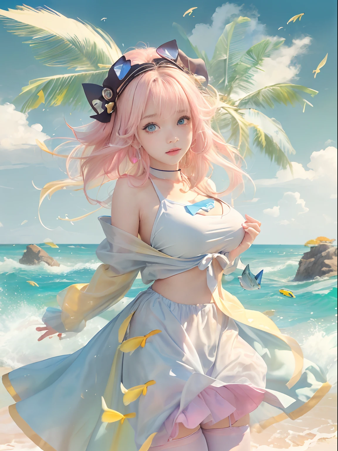 art by Cornflower, Dreamy, (a beautiful -agedl，anime-style girl，eBlue eyes，cabelos preto e longos，Dressed in light yellow，Shiny，longer sleeves，Open chest，Long skirt swimsuit，Pink big breasts，white colors，and yellow，The heart poses above，both hands on hip，In front of the beach and bright blue sky，There are clouds above，There are palm trees in the background on both sides of the picture，There are also a lot of blue and yellow fish swimming around in the sea，There was also a lighted police helicopter flying over the girl's head），White stockings