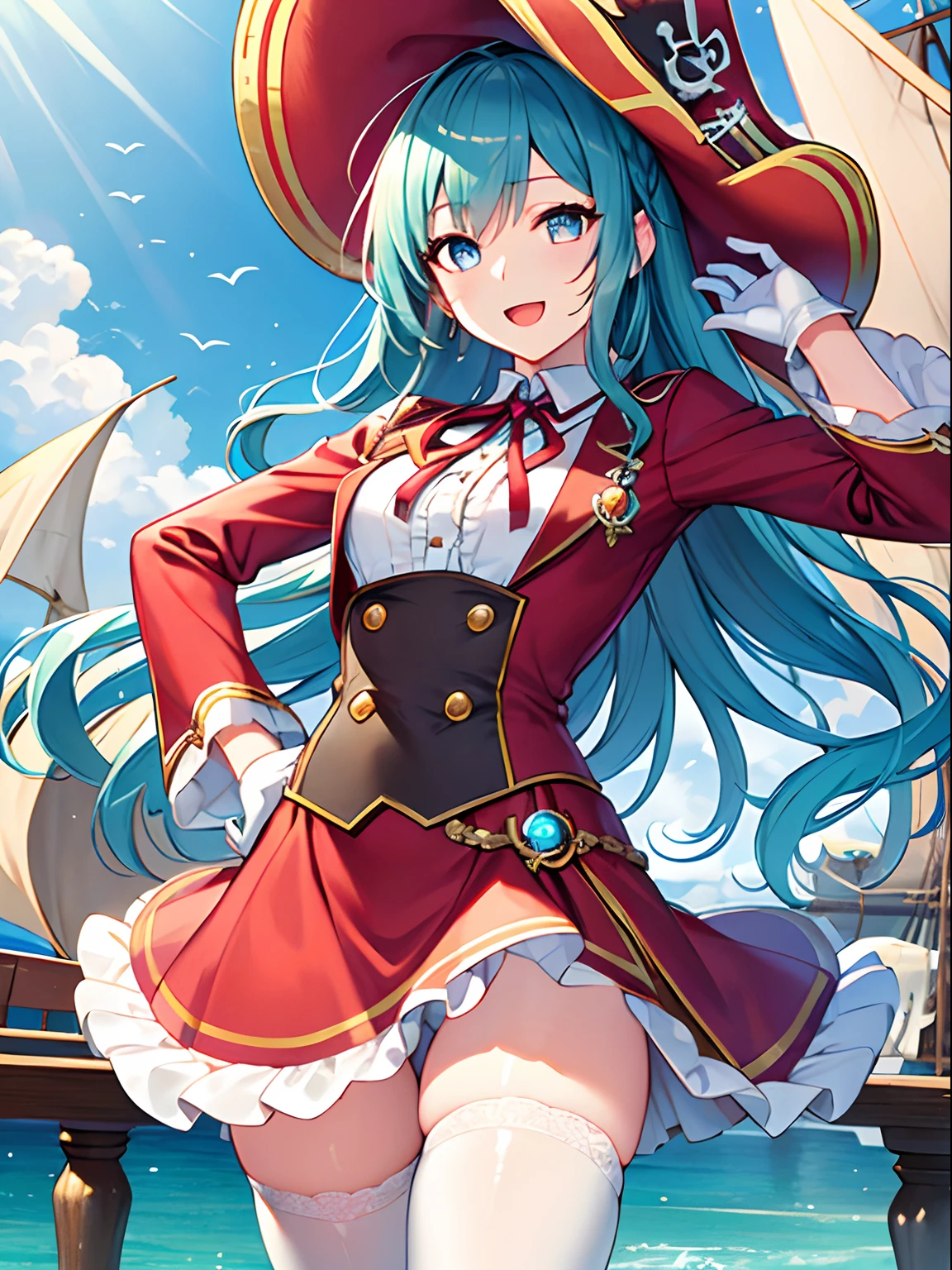 Highly detailed and realistic CG, Colorful, Masterpiece, Best Quality, magnificent, jewel-like eyes, 1girl, solo, li, petite, aqua blue hair, shiny hair, very long hair, smile, violet eyes, open mouth, dynamic pose, cowboy shot, pirate costume, frill, gothic, lolita fashion, pirate hat, red clothes, skinny legs, wavy hand, hand on hip, flower headdress, neck ribbon, aqua ribbon, white tights, long sleeves, frilled sleeves, white gloves, fantasy world, outdoors, sea background, on pirate ship,