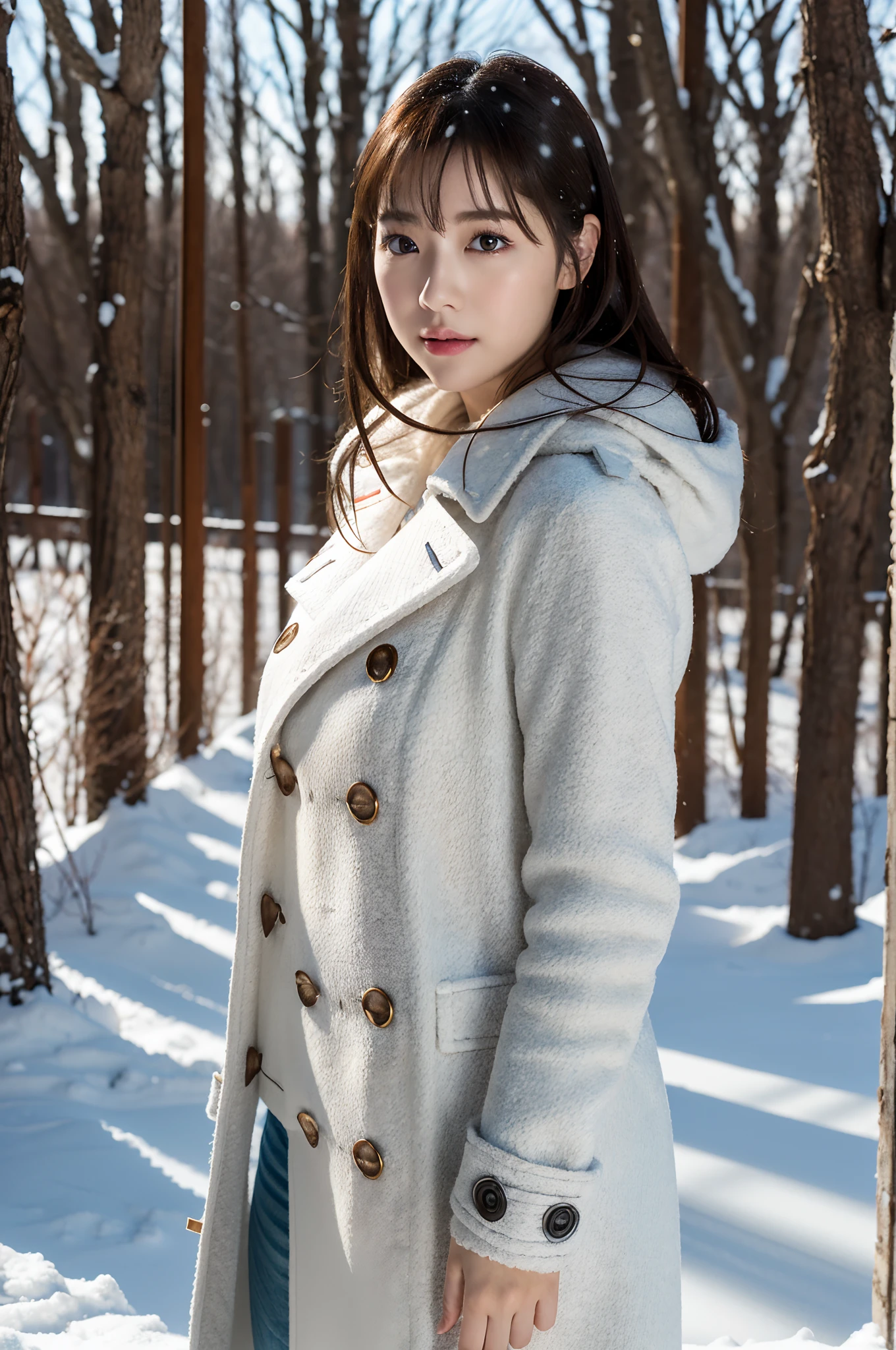 Winters,Snowy landscape,lacepantyhose,(Duffel coat)、depth of fields,Real Light,Ray traching,OC Renderer,UE5 Renderer,Hyper-realistic,best qualtiy,8K,Works of masters,super-fine,Correct anatomy、Asian Women, (8K、RAW Photos、top-quality、masterpiece:1.2)、(realisitic、Photorealsitic:1.37)、25-years old、女の子1人、light brown hair、详细的脸、Detailed lips、detailedeyes、(huge-breasted:1.5)、Alafed Women、Walk into