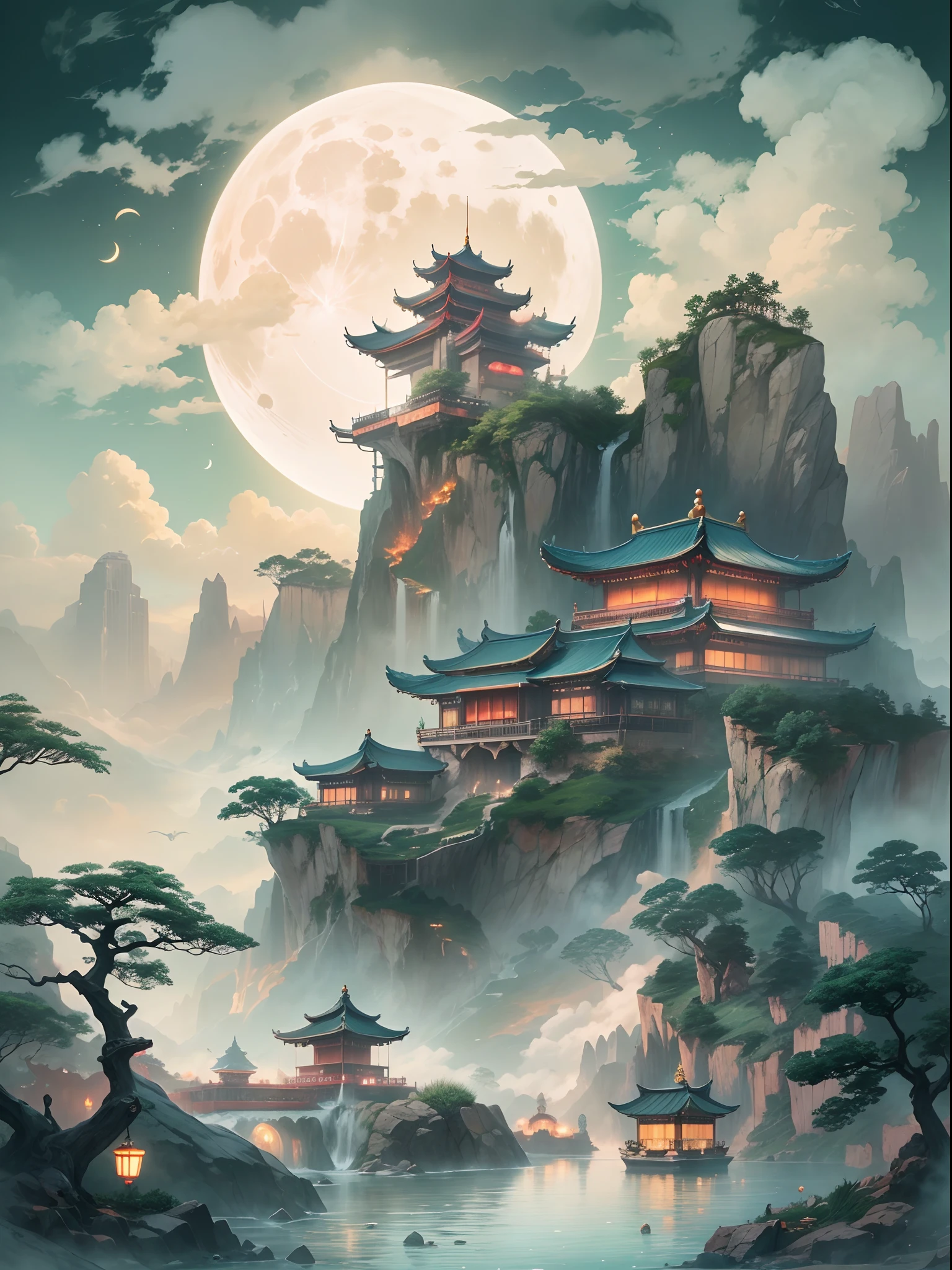 The scene where Chang'e is located is a silence、Lonely place。The place where she is is a mountain peak surrounded by clouds，This mountain peak is surrounded by a vast sea，Only a clear moon hangs in the sky。The center of the moon is a lonely palace，The palace towers into the sky，Illuminated by the bright moonlight。In this palace，Only Chang'e alone，She sat silently on a large rock，Quietly look at the sky。