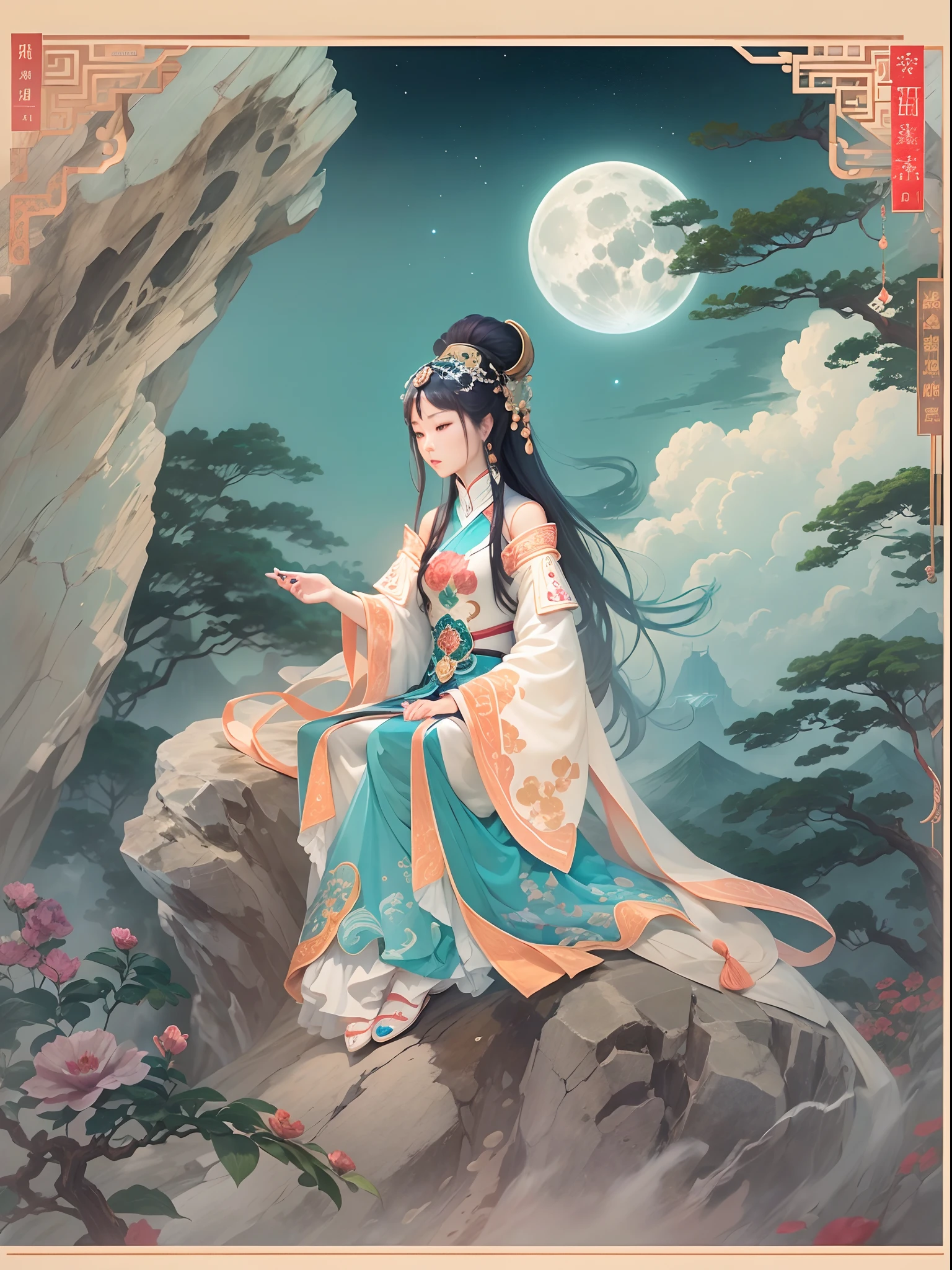 A woman in a blue and orange dress sitting on a rock - SeaArt AI