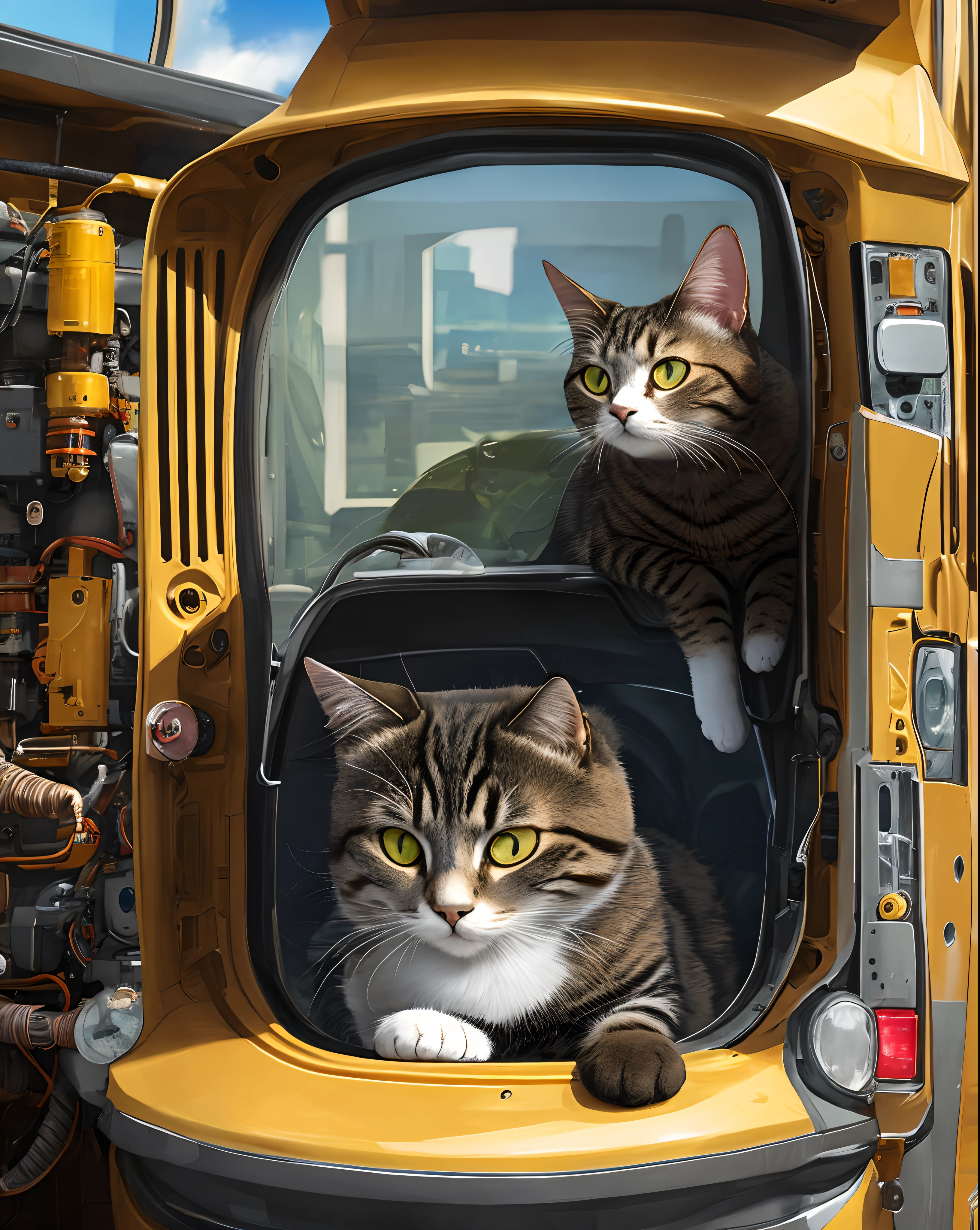 The cat fits into the machine，Realiy，scifi style