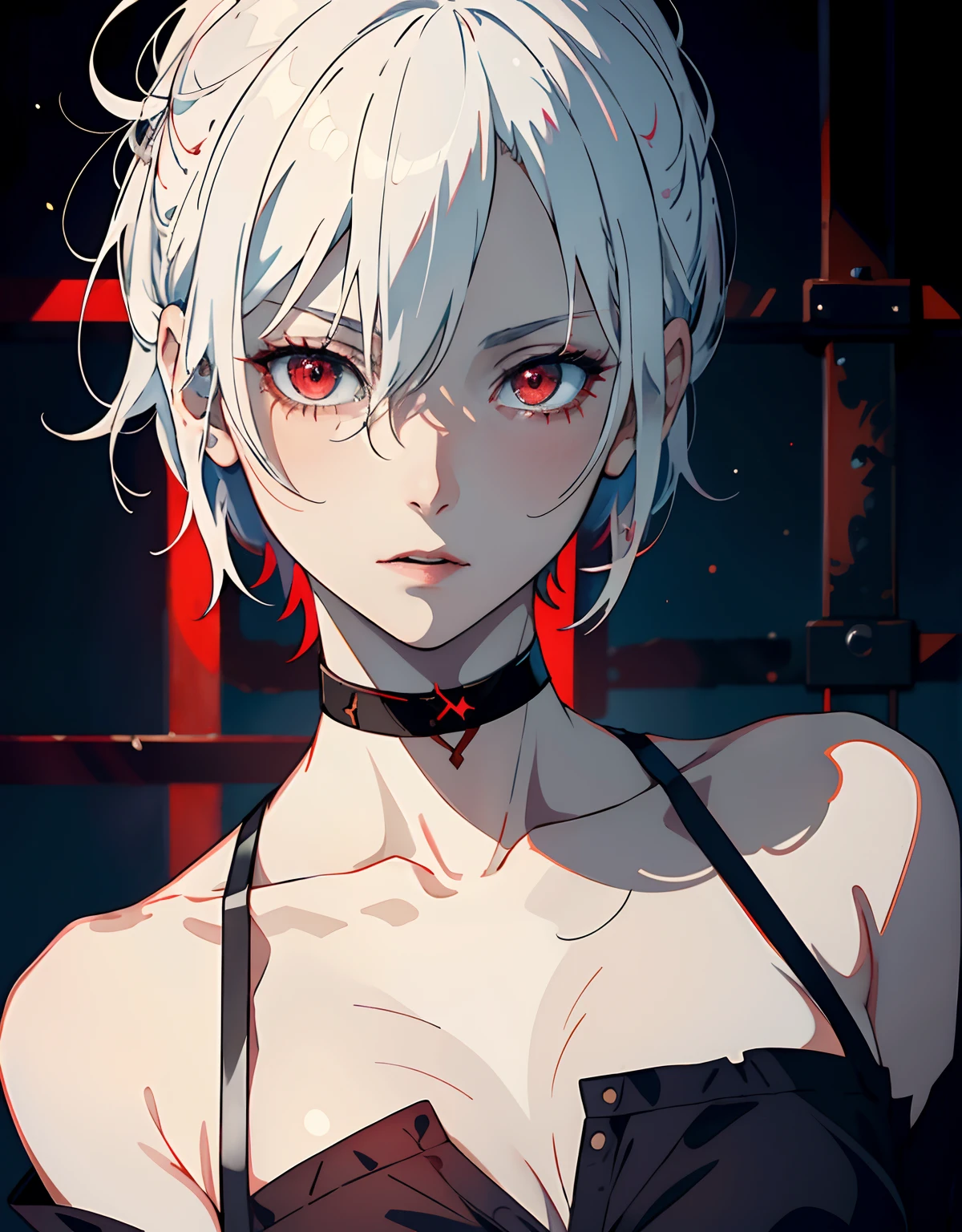 ((masterpiece, best quality)), (1girl, anime girl in dark prison),(mature), (solo), (female focus), (white hair, medium hair),red eyes, ((exposed shoulder, choker)), pale skin, evil, vicious, yandere, portraits, close up, upper body, vibrant colors, soft lighting