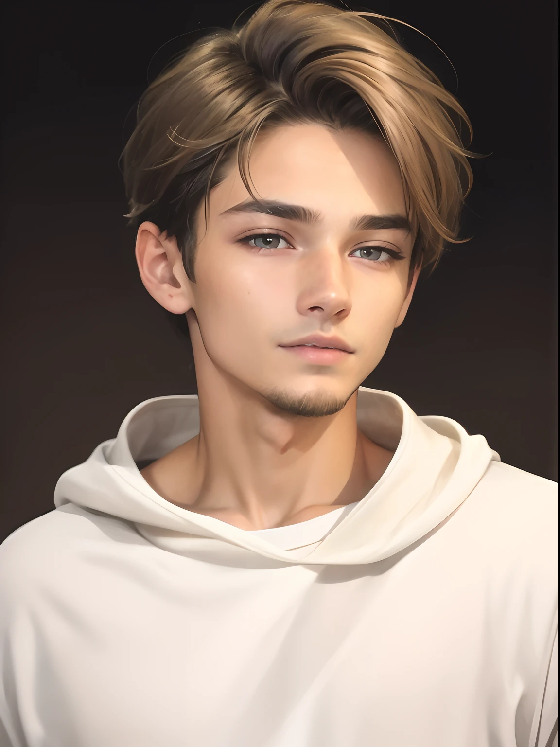 Realistic face, ultra detailed, young boy, 18 years old, boy, realistic boy, grey eyes, realistic, brown and gold hair, realistic detailed chenge background, add lights, add light light beard, white simple sweatshirt