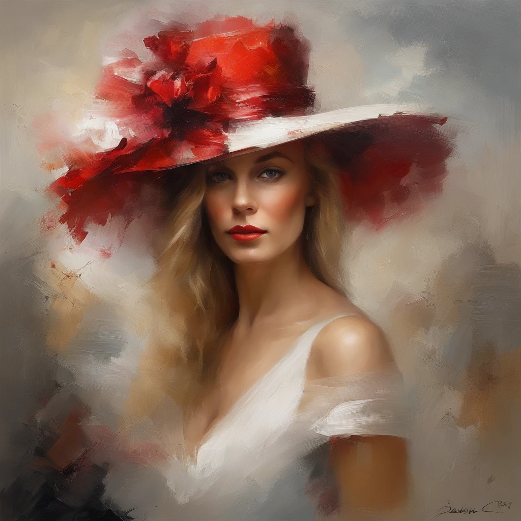 oil painting of a woman in a red cocktail dress, wearing a white hat, long blond hair, blue eyes, eyes looking at us, top of hat within our view, top of hat within the frame, elegant digital painting, beautiful portrait acrylic painting, wlop painting style, brush strokes in textured paint, gorgeous digital painting, in style of Wlop, beautiful character painting, fine art portrait painting, epic colorful background, beautiful art uhd 4 k