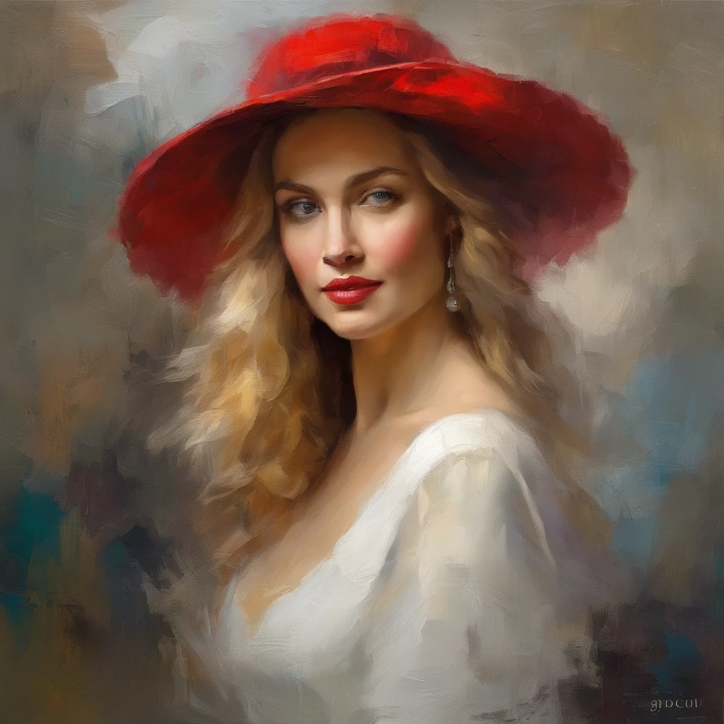 painting of a woman with a red hat and white dress, long blond hair, eyes looking directly at us, head in center of frame, elegant digital painting, beautiful portrait acrylic painting, wlop painting style, heavy brush strokes in textured paint, gorgeous digital painting, beautiful character painting, fine art portrait painting, epic background, woman head in center of frame, beautiful art uhd 4 k