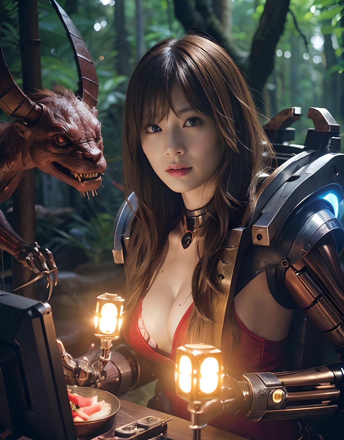 (1 Mechanical Girl)、top-quality、​masterpiece、超A high resolution、(Photorealsitic:1.4)、Raw photo、女の子1人、Golden hair、glowy skin、(((1 Mechanical Girl)))、With a beautiful knife、（Blue Metal Bodysuit）、（Fight fiercely against aliens）、Fight fiercely、(beautiful forest background)、(Fighting Demonic Beasts)、(Small LED)、((super realistic details))、portlate、(Strong giant demon beast background),globalillumination、Shadow、octan render、8K、ultrasharp、Colossal tits、Raw skin is exposed in cleavage、metals、Details of complex ornaments、Japan details、highly intricate detail、Realistic light、(Mystical expression),CGSoation Trends、Red Eyes、radiant eyes、Facing the camera、neon details、(Mechanical limbs)、(blood vessels connected to tubes)、Mechanical vertebrae attached to the back、mechanical cervical attaching to neck、(Wires and cables connecting to the head)、Gundam、Small LED、,Mechanical thighs、Toostock、（Hands are also made of machines）、（Attack of the Monster Beasts）、（Wounded in a deadly battle）、
