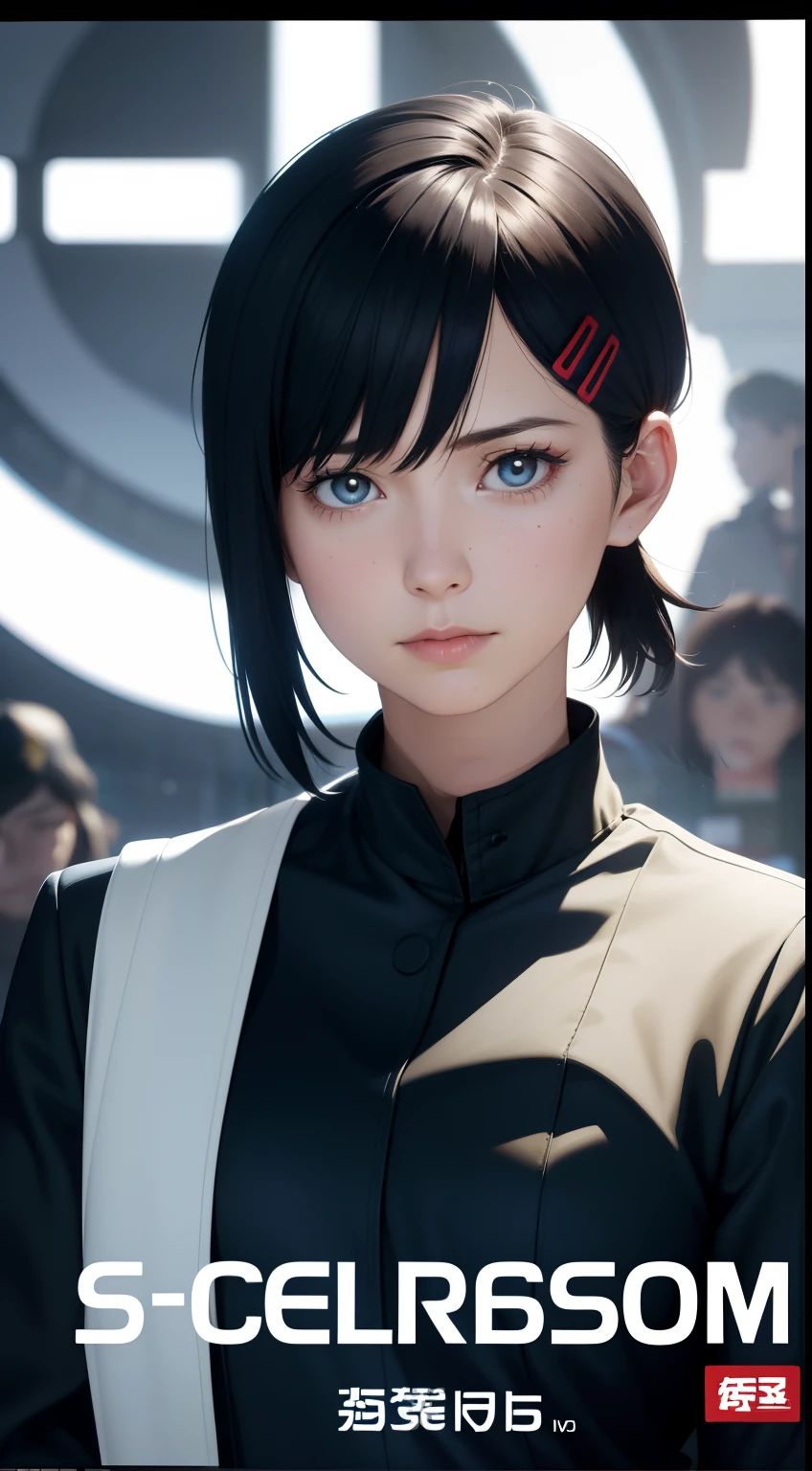 Science Fiction,Sci-Fi,Sci-Fi Movies,Movie Posters,Foundation Movie References,Stories about Rebellion,Anti-Government Groups,Politics,War,25-Year-Old Woman,Adult,Dark Blue Water-Colored Eyes,Black Bob Short Hair,1945 Doctor Gown,Fully Dressed,Polite Dress,Serious Face,Realistic Face Resolution,Realistic,Object Resolution