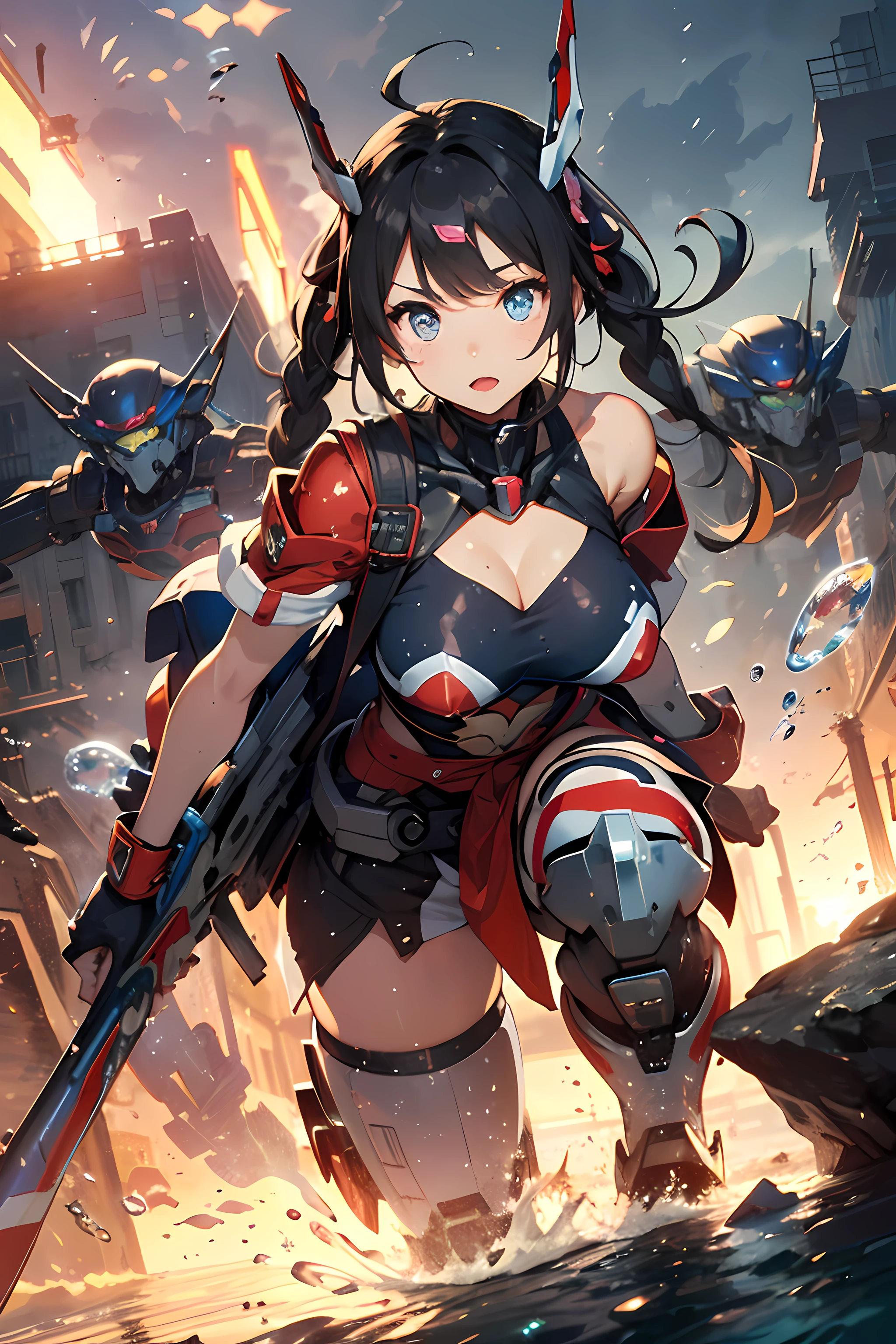 best quality,4k,8k, highres, masterpiece:1.2), extremely detailed eyes, extremely detailed body, (large masterpiece digital art), (detailed manga illustration), (detailed line art), ((perfect anatomy)), (intricate details:1.3), (ultra-detailed:1.3), (illustration:1.3), (sharp focus:1.3), (natural lighting:1.05), (vivid colors:1.3), (masterpiece), (best quality:1.4), (perfect anatomy:1.4), high quality, expressive eyes, full body, tall girl, detailed face, beautiful face, perfect face, breasts, gloves, large breasts, cyberpunk, (black armor), short hair, ((pale skin)), messy hair, detailed ((dark blue hair)), (honeydew hair), multicolored hair, two-toned hair, detailed eyes, (amber eyes), hourglass physique, mecha musume, fortified suit, mechanical parts, headgear, robot joints, bodysuit, deva battle suit, gloves, thick thighs, toned, emblem, superhero, dynamic lighting, 4k resolution, dynamic pose, weapon, energy weapon portrait, Jeff Bridges, ((cartoon style)), Marvel Cinematic Universe style, (((sci-fi city in the background))), soft bokeh of futuristic city, Atey Ghailan, Jeremy Mann, Greg Manchess, Antonio Moro, trend in ArtStation, trend in CGSociety, Intricate, High Detail, Sharp focus, dramatic and photorealistic painting art by Midjourney and Greg Rutkowski, bokeh in the background