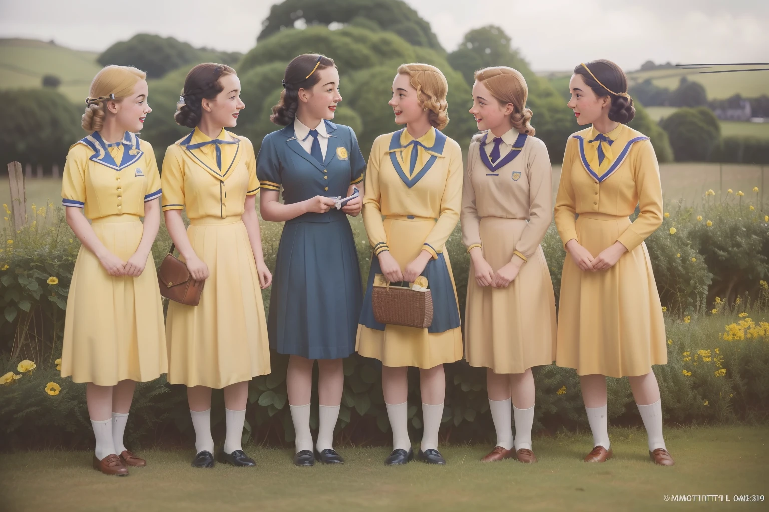 Year: 1948. Location: Cornwall. Pre-raphaelite scene reminiscing of Malory Towers, a group of schoolgirls in uniform next to their boarding school, ((happy)), ((((1940s school uniform)))) ((1940s hairstyle)) ((in the style of "OMITB")) ((cinematic style))
