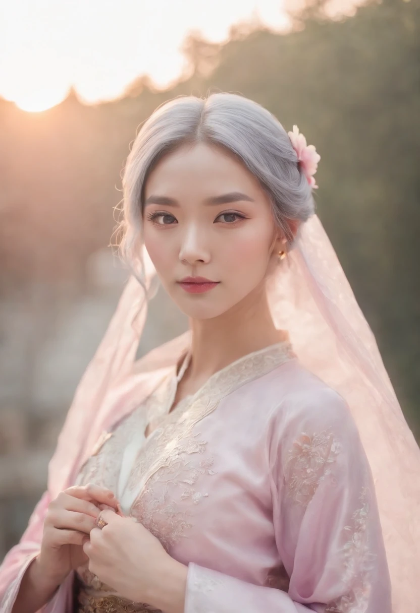 Mature girl ,Purple eye,Blue-white hair color,Floating hair,Delicate and agile eyes,Intricate damask hanfu,Gorgeous accessories,Wearing pearl earrings,fov,f/1.8,tmasterpiece,Ancient Chinese architecture,Pink sky,Flower petals flying,Frontal portrait shot,Chang'e,Side lighting,The sun is human々illuminate,8K