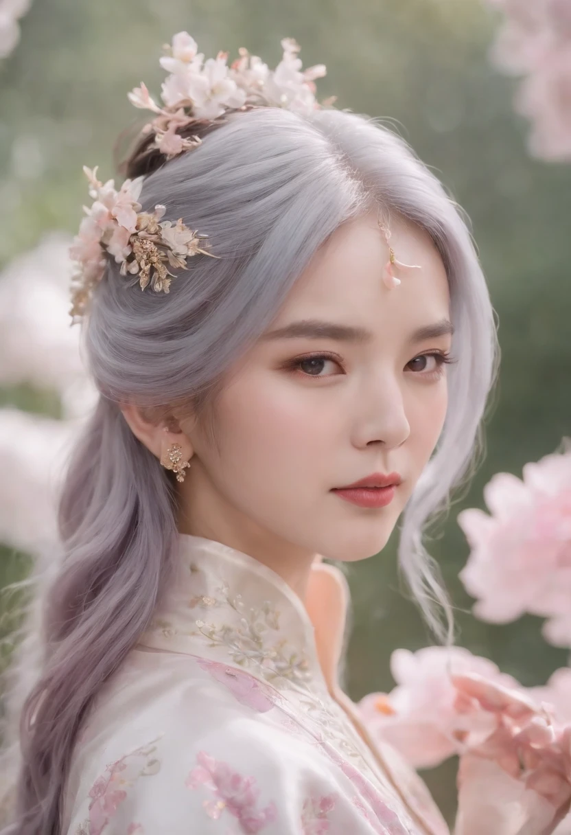 Mature girl ,Purple eye,Blue-white hair color,Floating hair,Delicate and agile eyes,Intricate damask hanfu,Gorgeous accessories,Wearing pearl earrings,fov,f/1.8,tmasterpiece,Ancient Chinese architecture,Pink sky,Flower petals flying,Frontal portrait shot,Chang'e,Side lighting,The sun is human々illuminate,8K