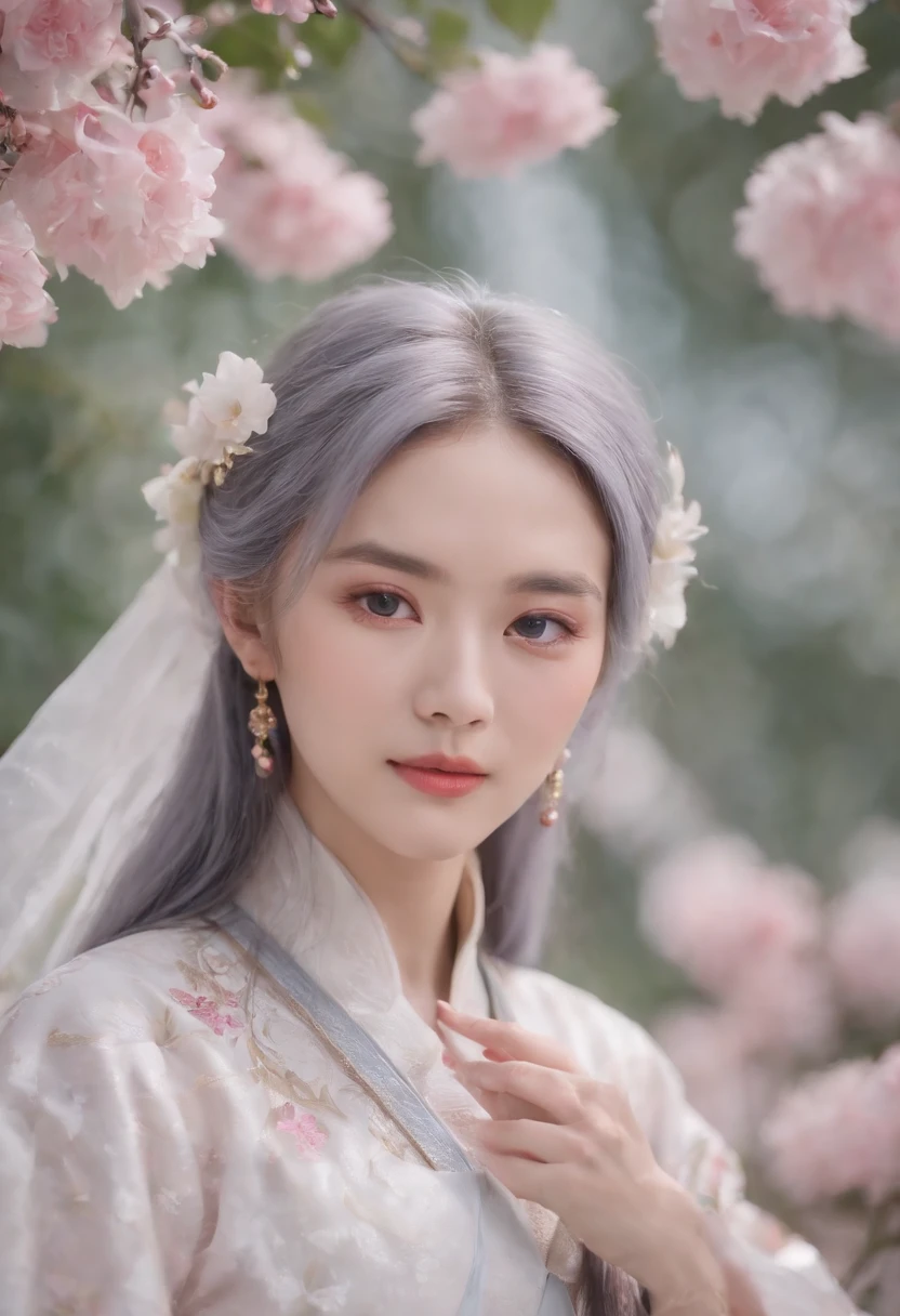 Mature girl ，Purple eye，Blue-white hair color，Floating hair，Delicate and agile eyes，Intricate damask hanfu，Gorgeous accessories，Wearing pearl earrings，fov，f/1.8，tmasterpiece，Ancient Chinese architecture，Pink sky，Flower petals flying，Frontal portrait shot，Chang'e，Side lighting，The sun is human々illuminate，8K