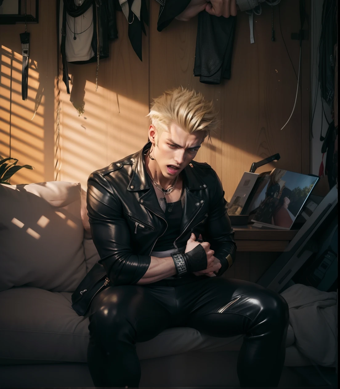 2boys black_hair blonde_hair erection femboy_on_male gay genos hand_on_head hand_on_own_head male male/male male_focus male_only multiple_boys one-punch_man open_mouth penetration reach_around sakimichan sex shirt_lift speed-o'-sound_sonic tagme torn_clothes uncensored yaoi,tight leather trousers men,handsome,muscle,black hair,big horny