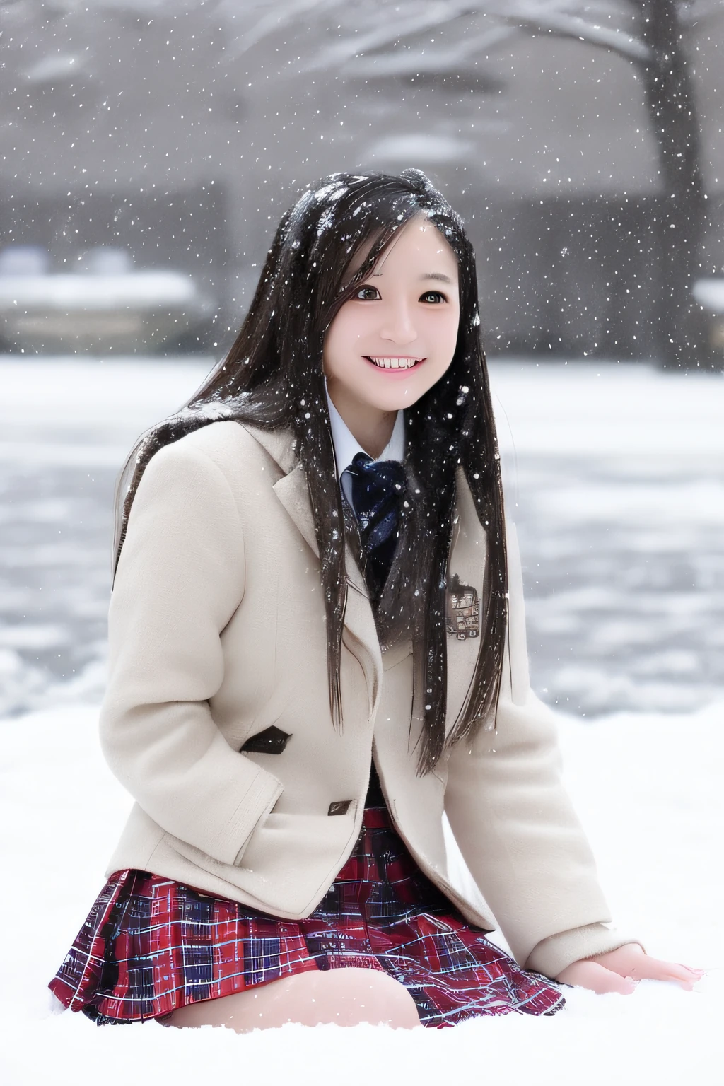 Japanese female student, Very long white hair., coat, Plaid skirt, Sitting in the snow