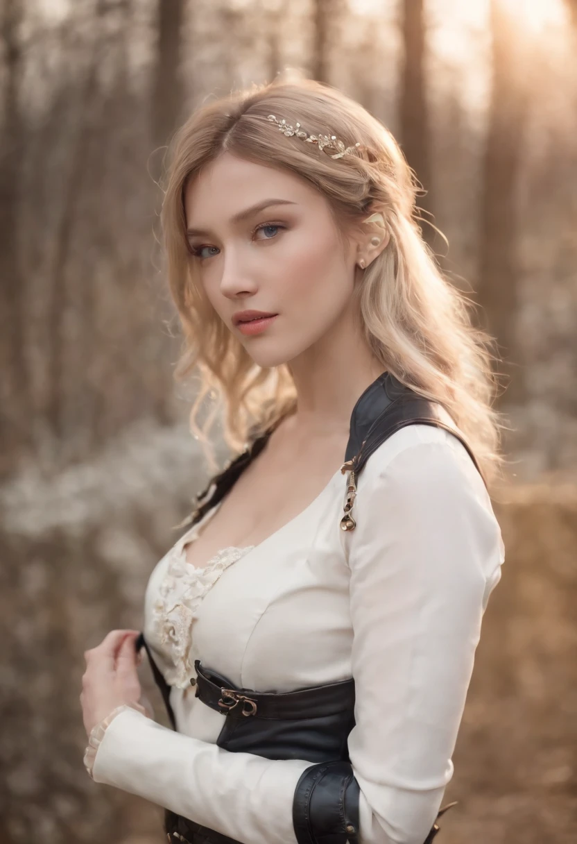Best quality at best， A high resolution， Number 18， one-girl，Cyborg No. 18， 独奏， eBlue eyes， with short golden hair， thongs， Translucent skirt， pearls necklace， bangle， black glove， white  shirt， short detailed hair， short- sleeved， 耳Nipple Ring， blue skirts， Open the vest，Gilet blanc，Large breasts， Lie down， from back， hindquarters，(Masterpiece:1.2)