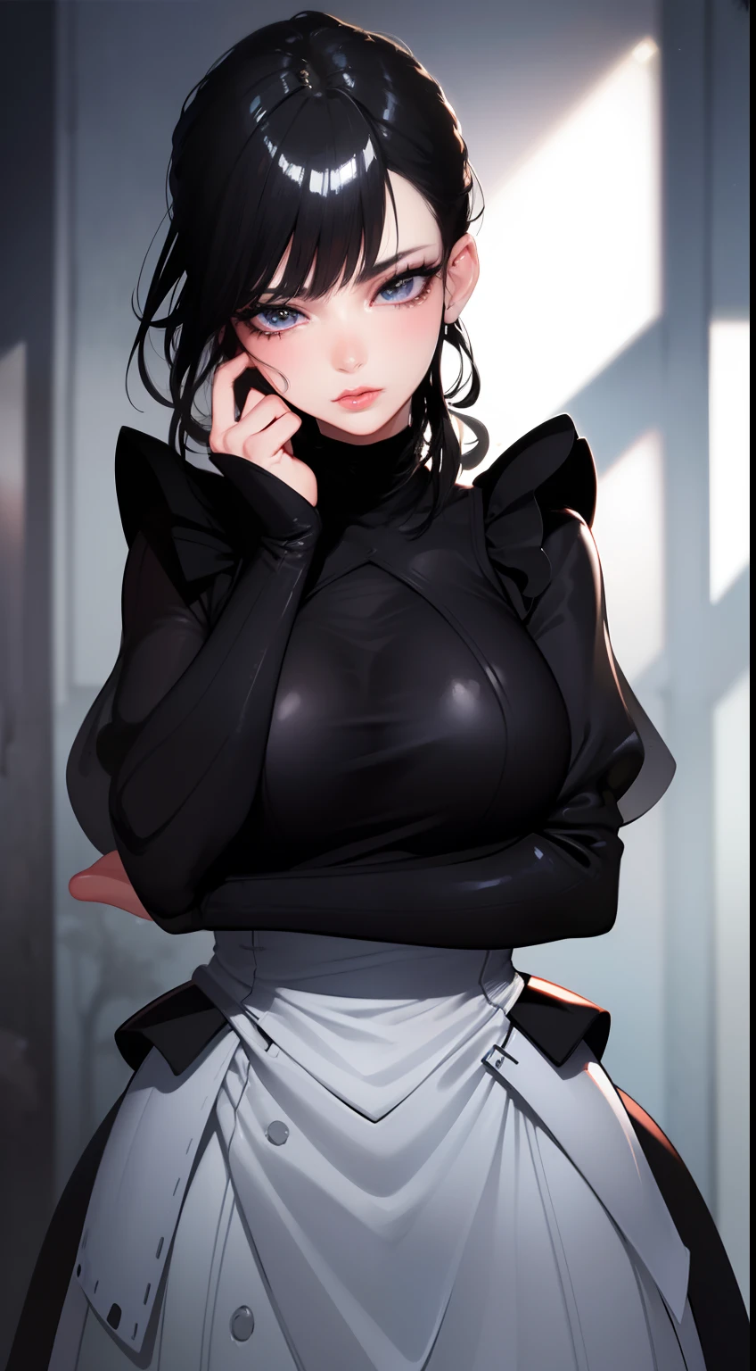 Angle from below, A woman sitting on the ground facing forward., Sitting with open thighs, Black asymmetrical short hair, White background:1.5, Anime Style, Simple lines, Digital Painting, (masterpiece, High resolution, Highest quality)