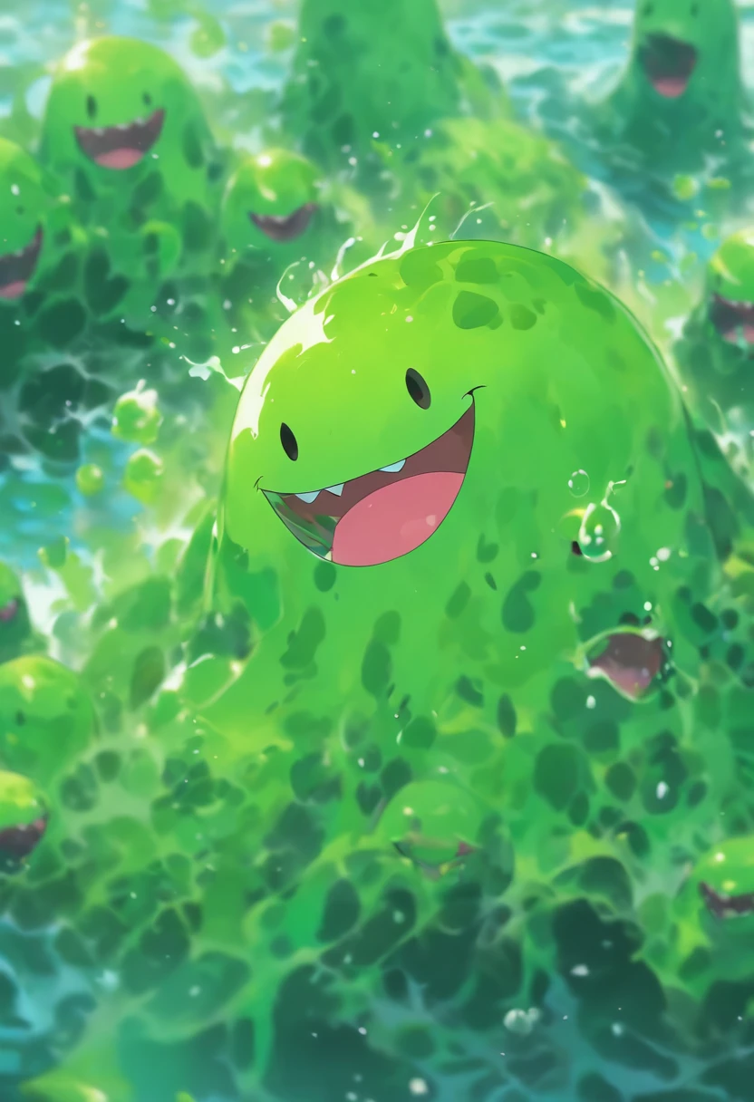 Slime, medium sized, carnivore, circle shaped, it swims, has six legs, and is jagged, colors are black sea-green light sea-green lime and lemon