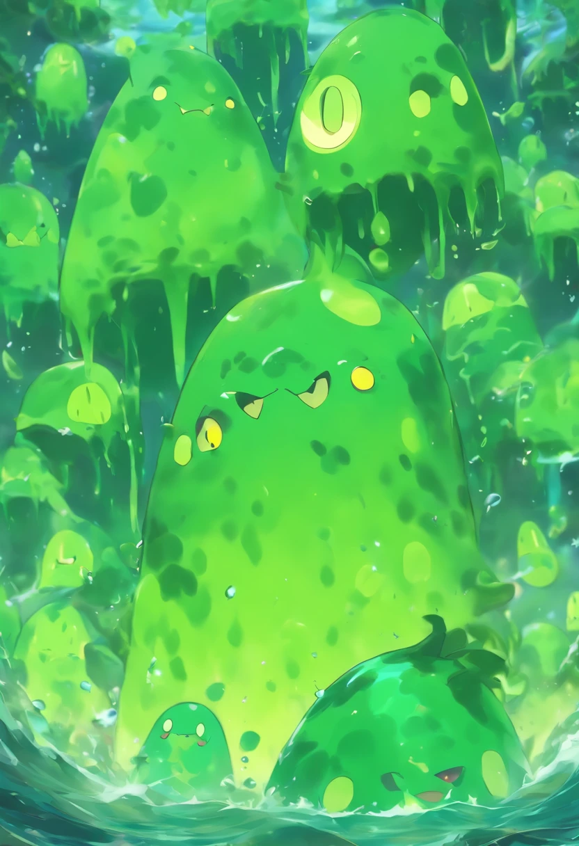 masterpiece, high quality, detailed eyes, 
1girl, ( huge breasts:1.0), glistened skin ,tall, leggy,long legs,oiled skin, shiny skin, erect nipple, huge areolas, green slime girl, green slime, smirk, pink eyes, giantess, stepping on a city