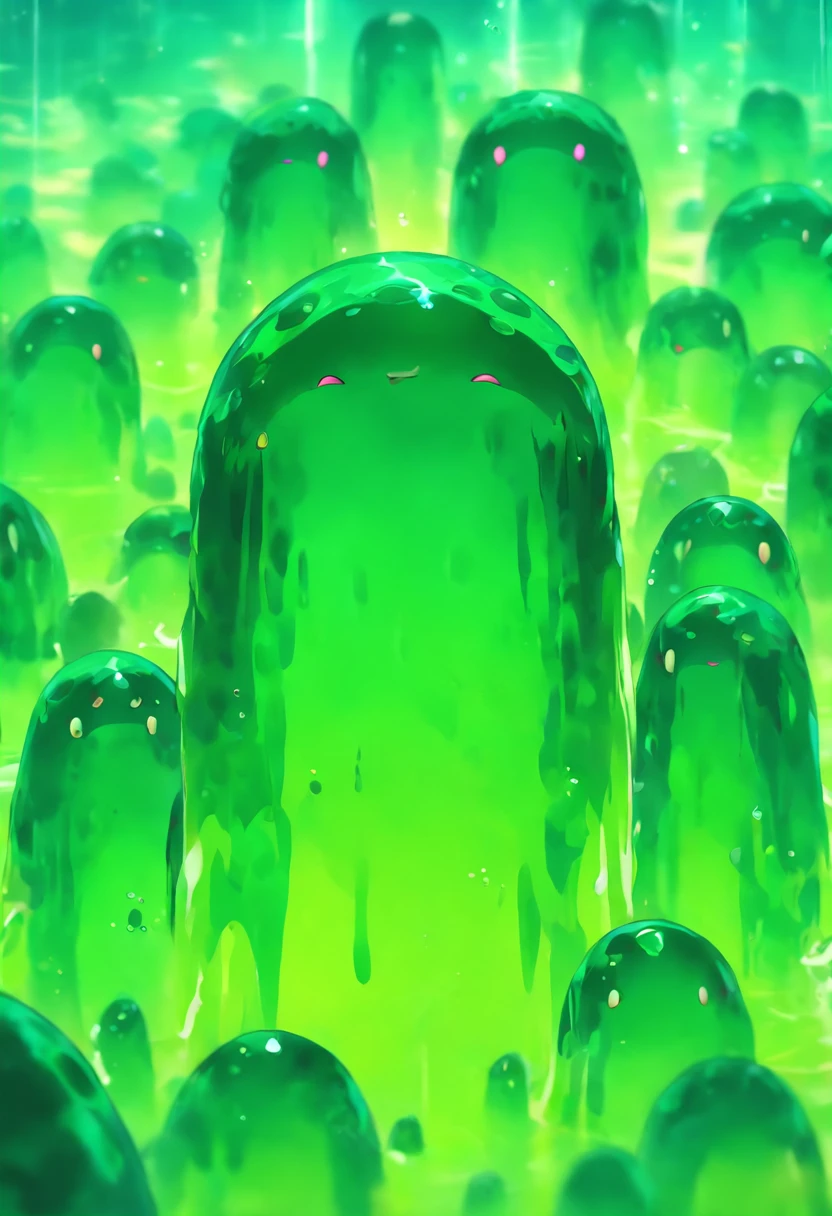 Slime, medium sized, carnivore, circle shaped, it swims, has six legs, and is jagged, colors are black sea-green light sea-green lime and lemon