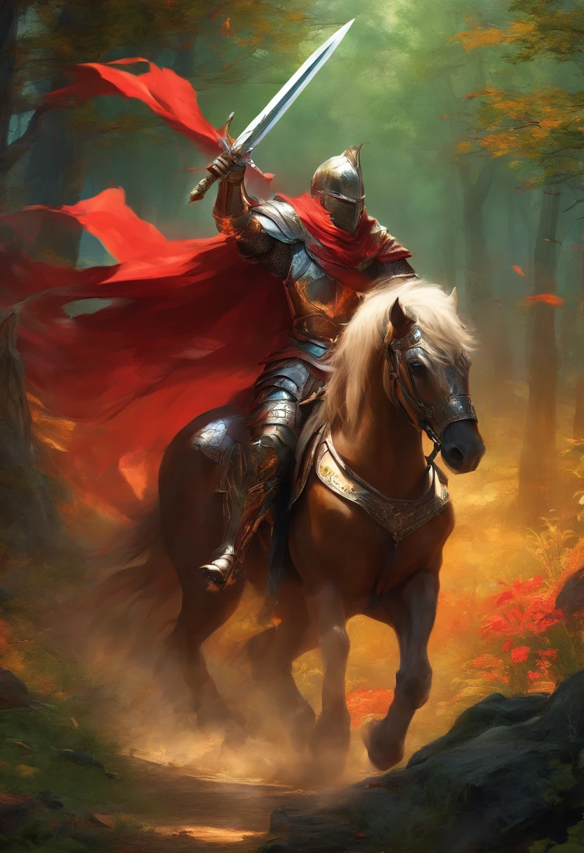 A group of knights in red armor, riding horses, galloping through a dark forest, with dragon-shaped armor and fully equipped. (best quality, 4k, 8k, highres, masterpiece:1.2), ultra-detailed, (realistic, photorealistic, photo-realistic:1.37). Medieval-style portraits of knights,
vibrant colors, dramatic lighting, full of dynamism.