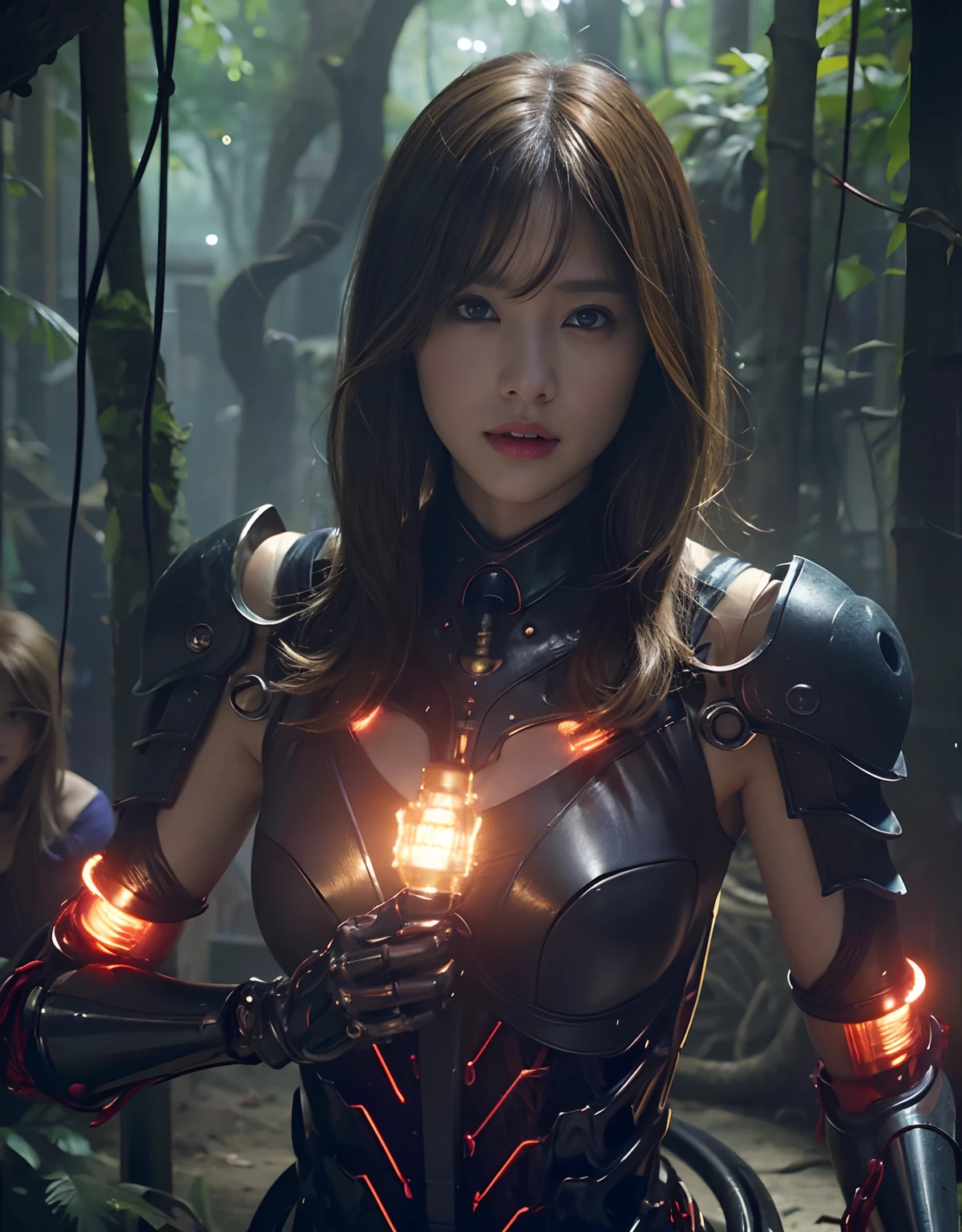 (1 Mechanical Girl)、top-quality、​masterpiece、超A high resolution、(Photorealsitic:1.4)、Raw photo、女の子1人、Golden hair、glowy skin、(((1 Mechanical Girl)))、With a beautiful knife、（Blue Metal Bodysuit）、（Fight fiercely against aliens）、Fight fiercely、(beautiful forest background)、(Fighting Demonic Beasts)、(Small LED)、((super realistic details))、portlate、(Strong giant demon beast background),globalillumination、Shadow、octan render、8K、ultrasharp、Colossal tits、Raw skin is exposed in cleavage、metals、Details of complex ornaments、Japan details、highly intricate detail、Realistic light、(Mystical expression),CGSoation Trends、Red Eyes、radiant eyes、Facing the camera、neon details、(Mechanical limbs)、(blood vessels connected to tubes)、Mechanical vertebrae attached to the back、mechanical cervical attaching to neck、(Wires and cables connecting to the head)、Gundam、Small LED、,Mechanical thighs、Toostock、（Hands are also made of machines）、（Attack of the Monster Beasts）、（Wounded in a deadly battle）、