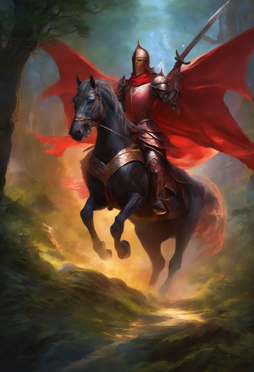 (A group of knights in red armor, Riding horses, Gallop through the dark forest, Dragon-shaped armor, Fully armed), (Best quality, Ultra-detailed, A high resolution, Masterpiece:1.2), (Portrait, fantasy, medieval), Vibrant colors, Dramatic lighting, with dynamism.