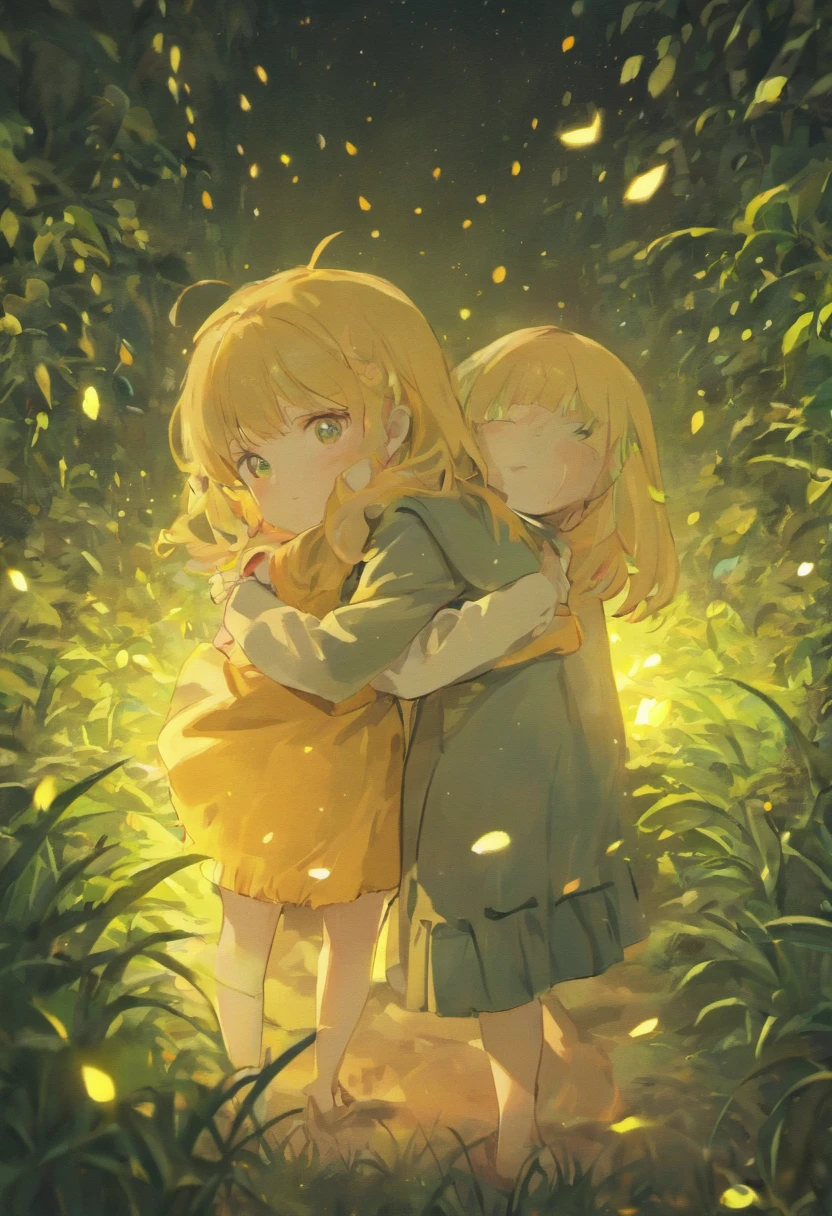 the night,ta style clothing,Cartoony,Chubby litt little boy huggther,Glowing fireflies around,,Cute and cute,KIDS ILLUSTRATION,Glow effects,Dingdall effect,depth of fields,high light,Real light,Ray traching,oc rendered,Hyper-realistic,best qualtiy,8K,Works of masters,super-fine,Detailed pubic hair,Correct anatomy,sharp focus on eyes,Bokeh,Facial features are carefully depicted