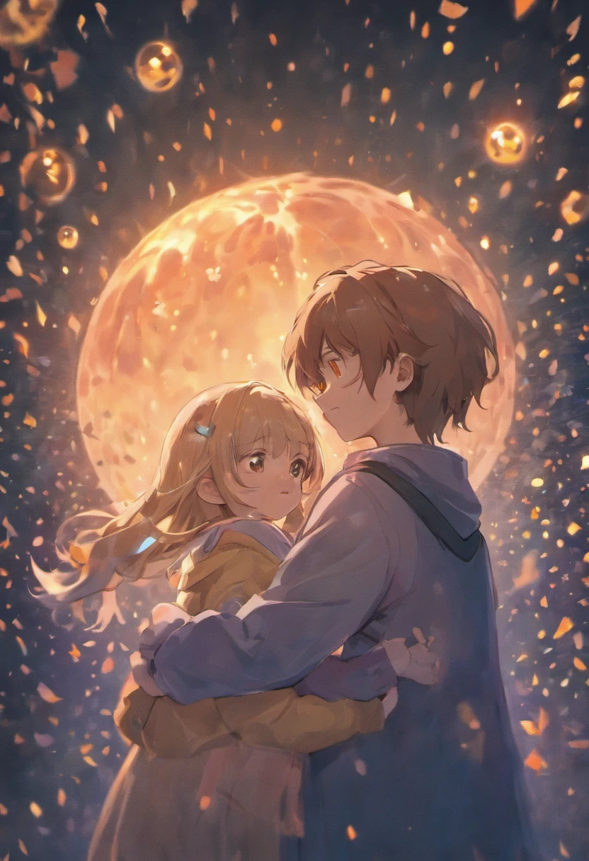the night,ta style clothing,Cartoony,Chubby litt little boy huggther,Glowing fireflies around,,Cute and cute,KIDS ILLUSTRATION,Glow effects,Dingdall effect,depth of fields,high light,Real light,Ray traching,oc rendered,Hyper-realistic,best qualtiy,8K,Works of masters,super-fine,Detailed pubic hair,Correct anatomy,sharp focus on eyes,Bokeh,Facial features are carefully depicted