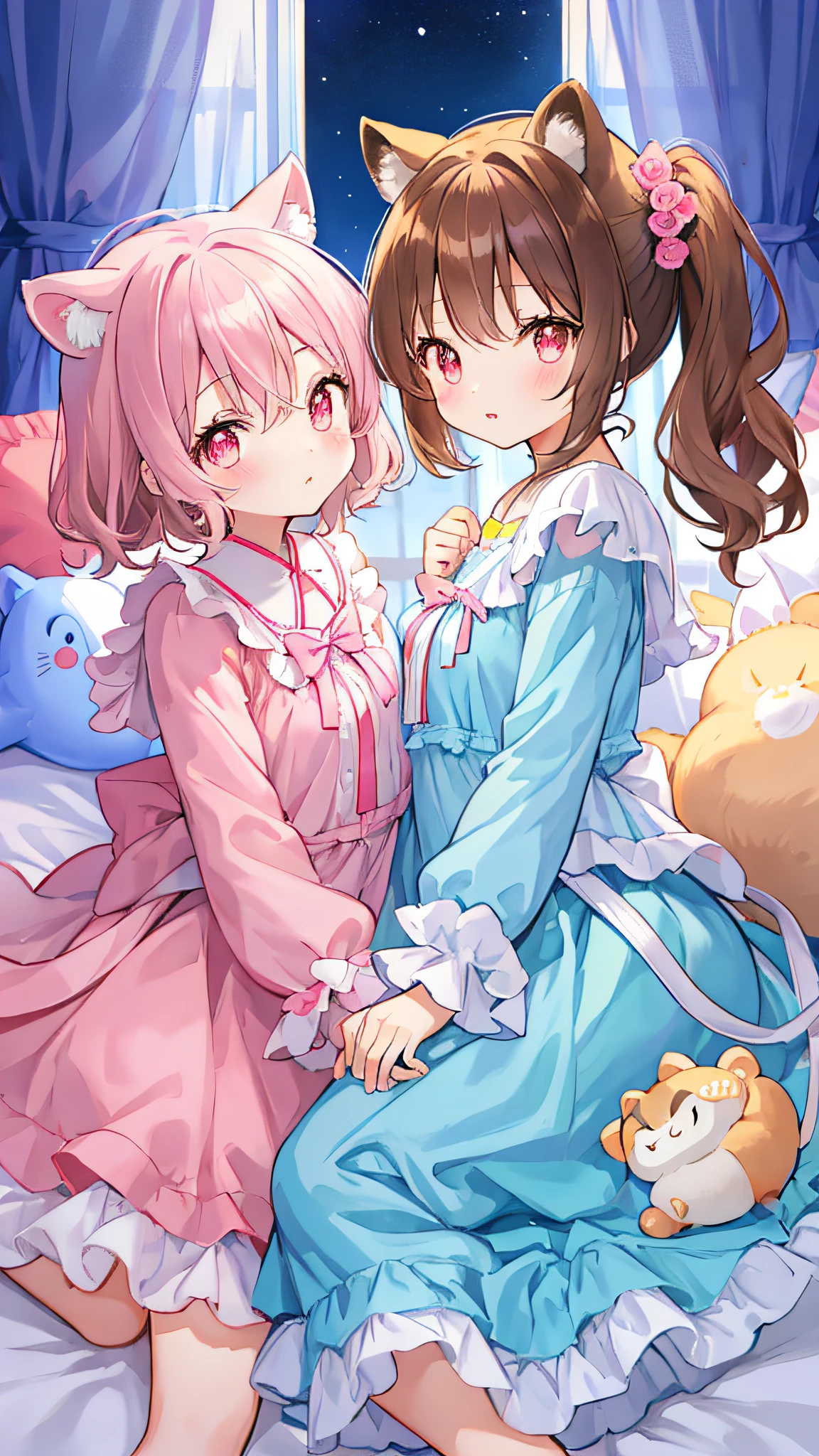 Beautiful illustration、top-quality、Cute twin girls、Bedroom、PastelColors、Fluffy raccoon ears、小柄、brown haired、Bright lighting、bright pink eyes、Pony tail