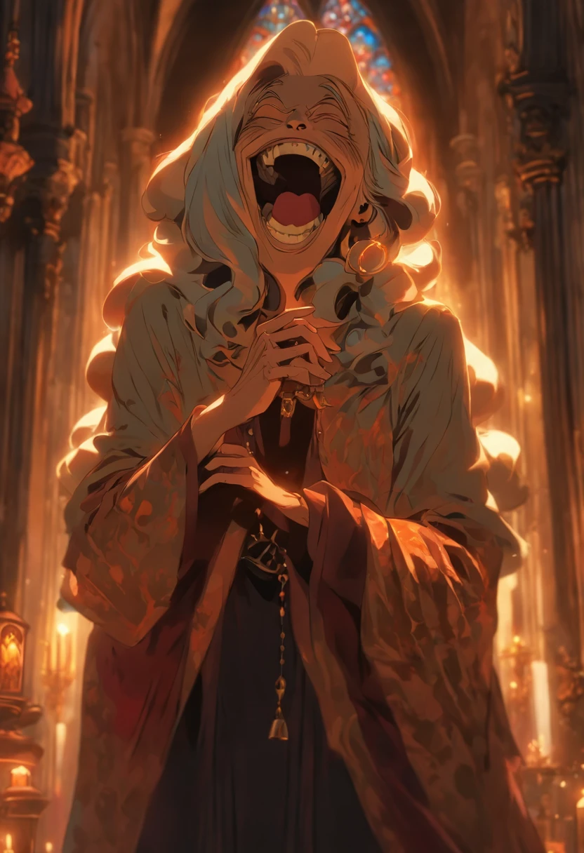 an old woman with the bearing of a madame in a velvet dress laughing wickedly with black eyes and lights and shadows in all art with a background of a Gothic interior church, Gothic