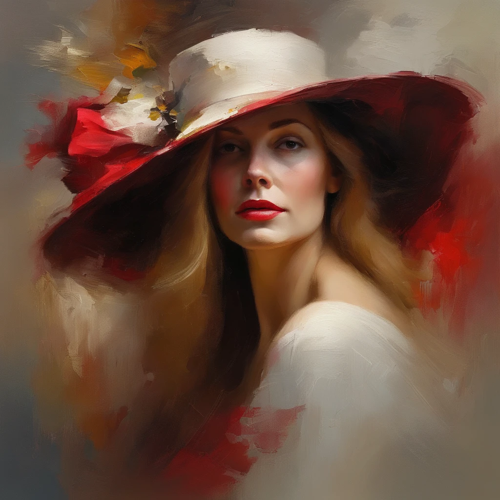 painting of a woman with a red hat and white dress, long blond hair, eyes looking directly at us, head in center of frame, elegant digital painting, beautiful portrait acrylic painting, wlop painting style, heavy brush strokes in textured paint, gorgeous digital painting, in wlop style, beautiful character painting, fine art portrait painting, dark epic background, woman head in center of frame, beautiful art uhd 4 k