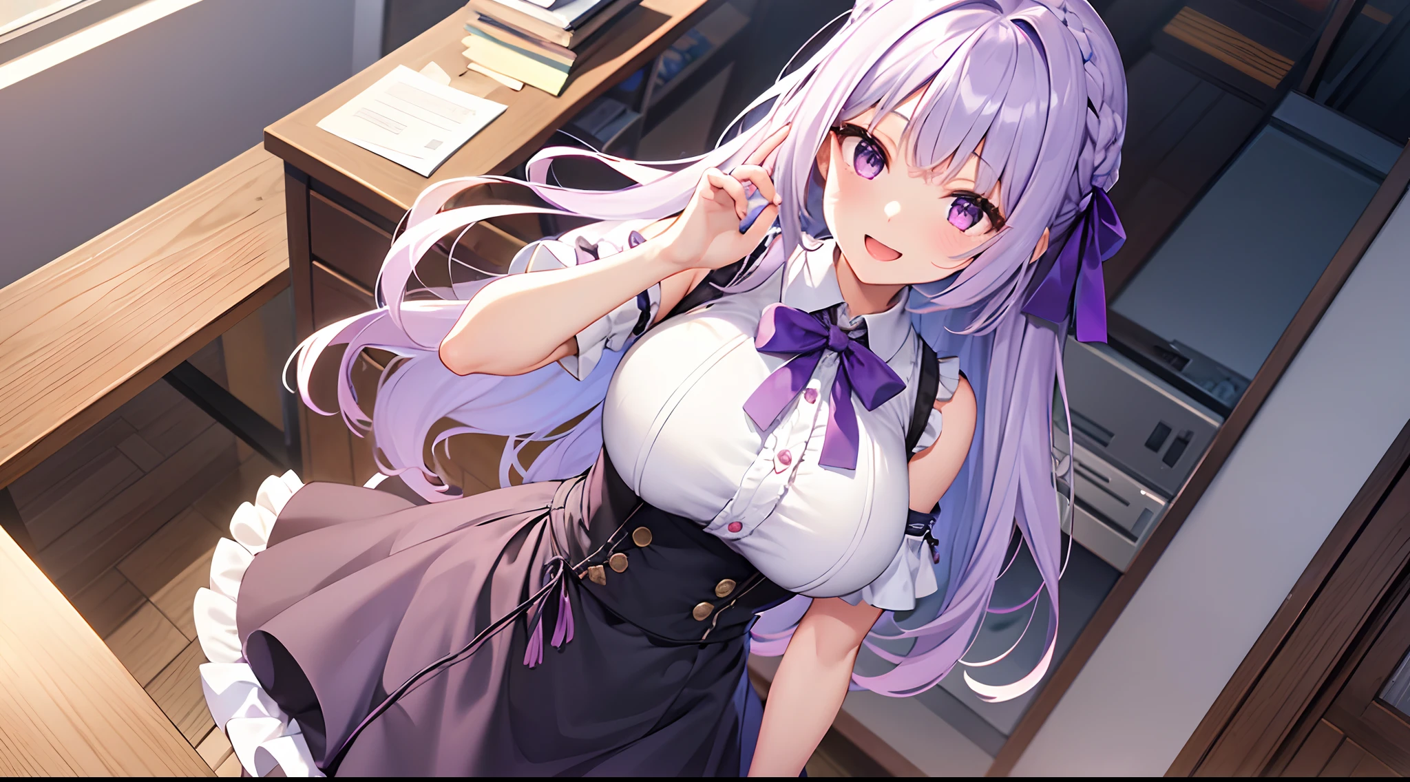 masterpiece, ultra-detailed hair, better lights, better shadows,1girl, yukino, breasts, skirt, silver hair, solo, long hair, large breasts, blue eyes, braid, ass, looking at viewer, braided ponytail, hair ornament, sleeveless, hair flower, black skirt, shirt, indoors, flower, looking back, bangs, bare shoulders, pencil skirt, from behind, window, thighs, mole under eye, sleeveless shirt, white shirt, blush, bare arms, office lady, very long hair, plant, contemporary, parted lips, miniskirt, single braid, closed mouth, purple flower, pantyhose, ribbed shirt,