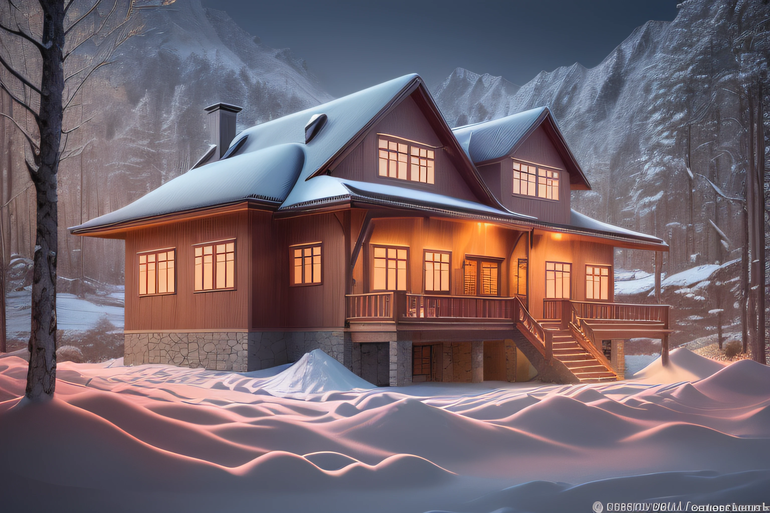 perspective, sharp image, super sharp, rural villa construction, classic style, linear form, wooden house, horizontal frame, landscape, full of snow.