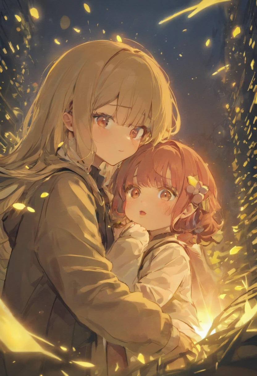 the night,Lolita style clothing,Cartoony,Chubby little girl and little boy hugging each other,Glowing fireflies around,,Cute and cute,KIDS ILLUSTRATION,Glow effects,Dingdall effect,depth of fields,high light,Real light,Ray traching,oc rendered,Hyper-realistic,best qualtiy,8K,Works of masters,super-fine,Detailed pubic hair,Correct anatomy,sharp focus on eyes,Bokeh,Facial features are carefully depicted