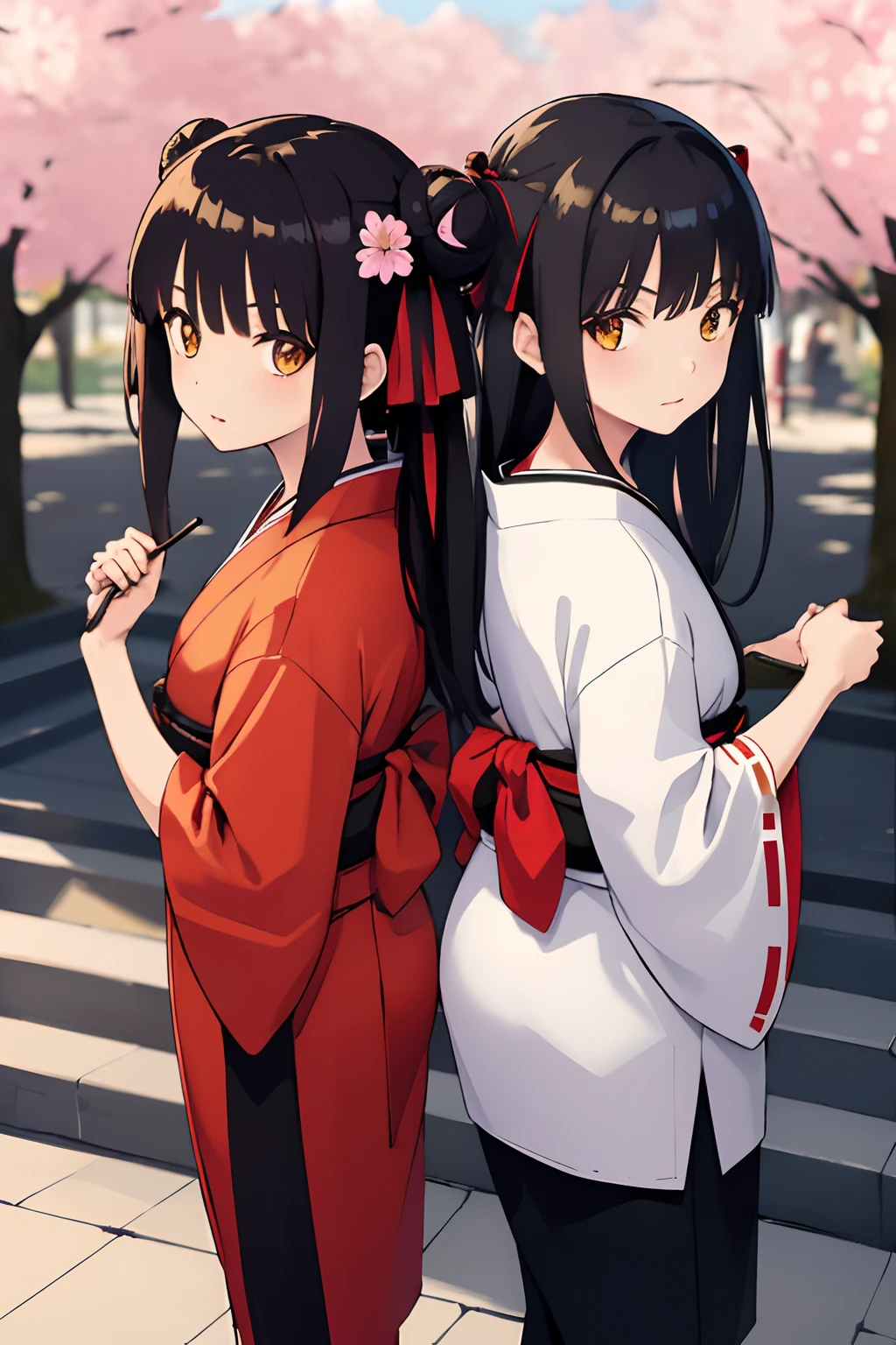 ((masterpiece,best quality)),2girls, black kimono, black legwear, black ribbon, black hair, cherry blossoms, day, flower, hair bun, hair ribbon, japanese clothes, kimono, long hair, looking at viewer, looking back, multiple girls, obi, outdoors, red eyes, red hair, ribbon, sandals, single hair bun, stairs, standing, statue, torii, tree, white kimono, yellow eyes