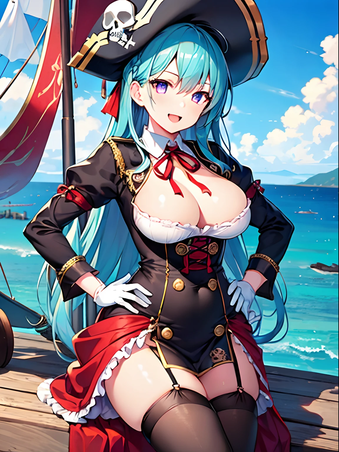 Highly detailed and realistic CG, Colorful, Masterpiece, Best Quality, magnificent, jewel-like eyes, 1girl, solo, li, pee, 7 yearsld, aqua blir, shiny hair, very long hair, evil smile, violet eyes, open mouth, dynamic pose, pirate costume, frill, gothic, lolita fashion, pirate hat, red clothes, black hat, skinny legs, wavy hand, hand on hip, (skull headdress:1.3), skull mark, neck ribbon, red ribbon, black tights, long sleeves, frilled sleeves, white gloves, fantasy world, outdoors, sea background, ride on pirate ship, miniskirt, pirate boots, (sagging breasts:1.5),