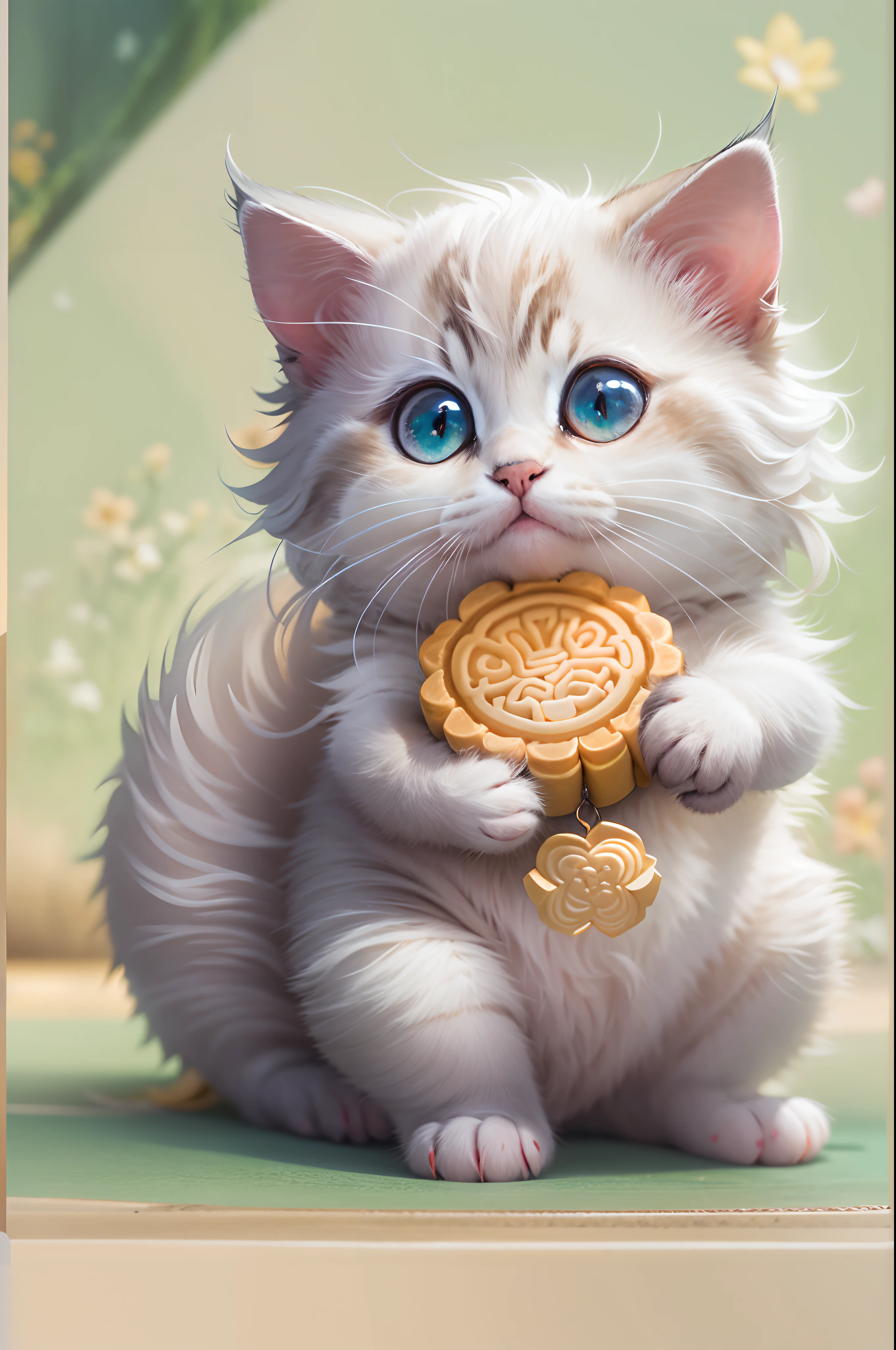 Best quality, official art, extremely detailed CG unified 8k wallpaper, kitten holding mooncake, super cute, plate, moon, Miki Asai macro photography, close-up, super detailed, trending artstation, sharp focus, studio photo, intricate details, very detailed