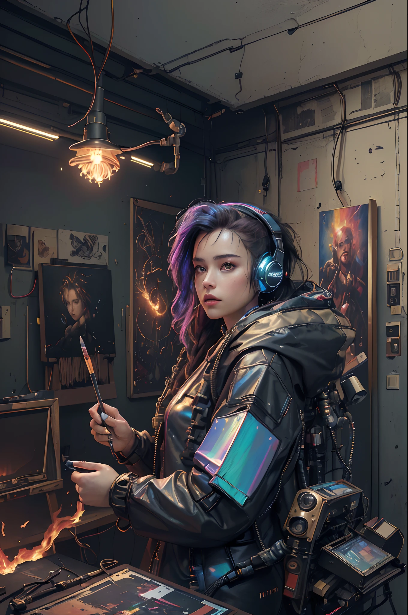 (masterpiece, best quality, highres, absurdres, detailed:1.2), humanoid, robot, wearing headphones, looking away, (cyberpunk, art canvas, paint brush, easel, iridescent, holographic: 1.6), (cables, wires, flames, fire, smoke, overheat, explosion, indoors, room, simple background)