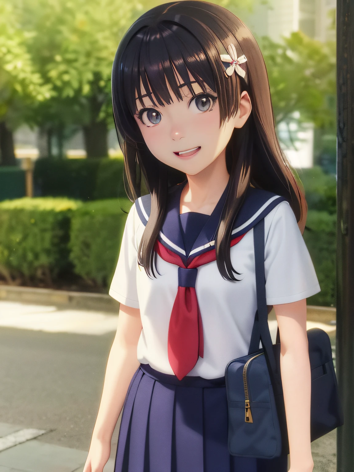 Anime girl in uniform standing on street corner with purse, Anime visuals of cute girls, realistic anime 3 d style, a hyperrealistic schoolgirl, photorealistic anime, a hyperrealistic schoolgirl, Smooth Anime CG Art, Anime style. 8K, beautiful anime high school girl, anime cgi style, Hyper realistic anime, render of a cute 3d anime girl