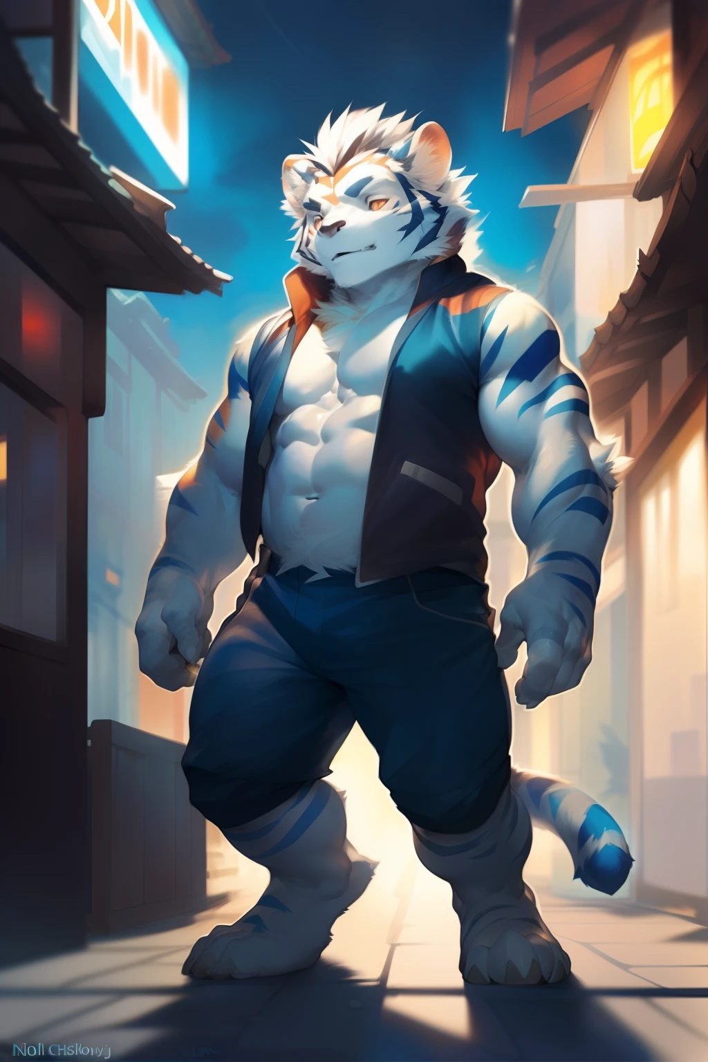 {{bara extremely handsome white tiger,}} {{white fur,}} white, he is completely naked standing and showering in a glass bathroom, showerhead running over him, water dripping down his muscled furry body and rinsing soap suds off his body, white fluffy furry body with black stripes, very tall, broad shoulders, narrow waist, muscular arms, massive pecs, six pack abs, purple eyes, very long legs, massive pinkish white flaccid cock, best quality, high detail, full body shot, CG image, white tiled bathroom walls and floor, cutscene, steam around the room, his back is turned towards the camera, not looking at viewer, NSFW