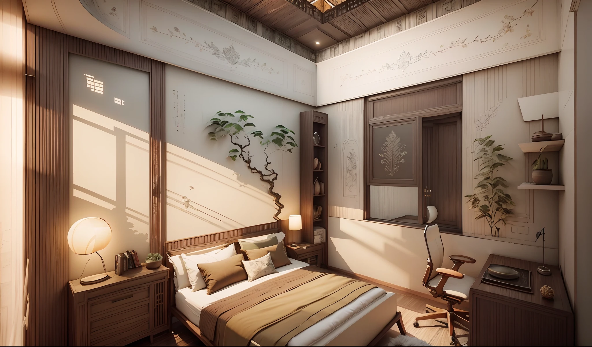 Interior design corridor floor plan, Southeast Asian style decoration, multi-angle display, 3d rendering, comfortable interior lighting, super detail, movies, furniture and windows in the evening, 8K