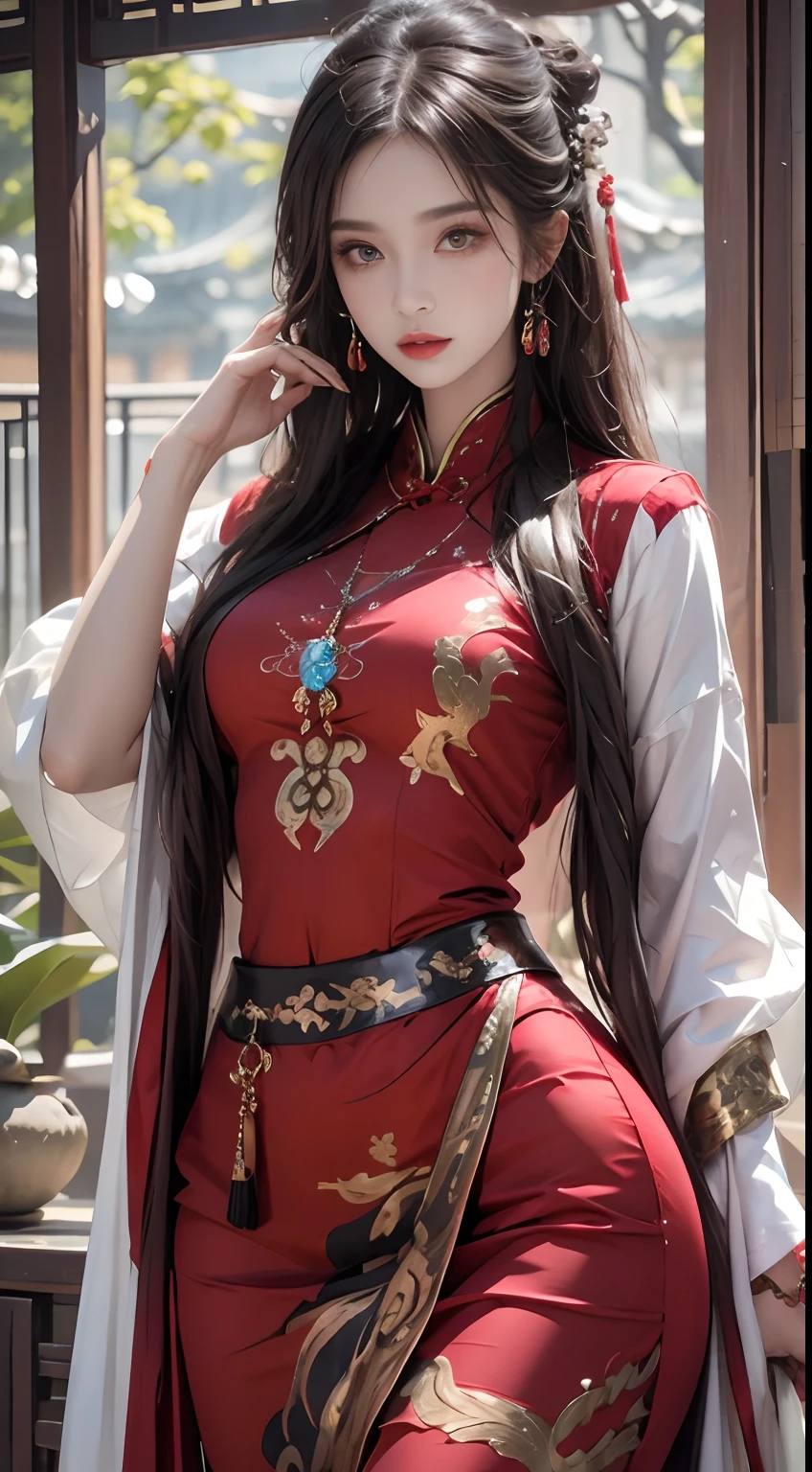 Photorealistic, high resolution, 1 woman, Hips up, Beautiful eyes, Long hair, ringed eyes, jewelry, tattoo, Hanfu, Chinese fairy, Taoist uniform