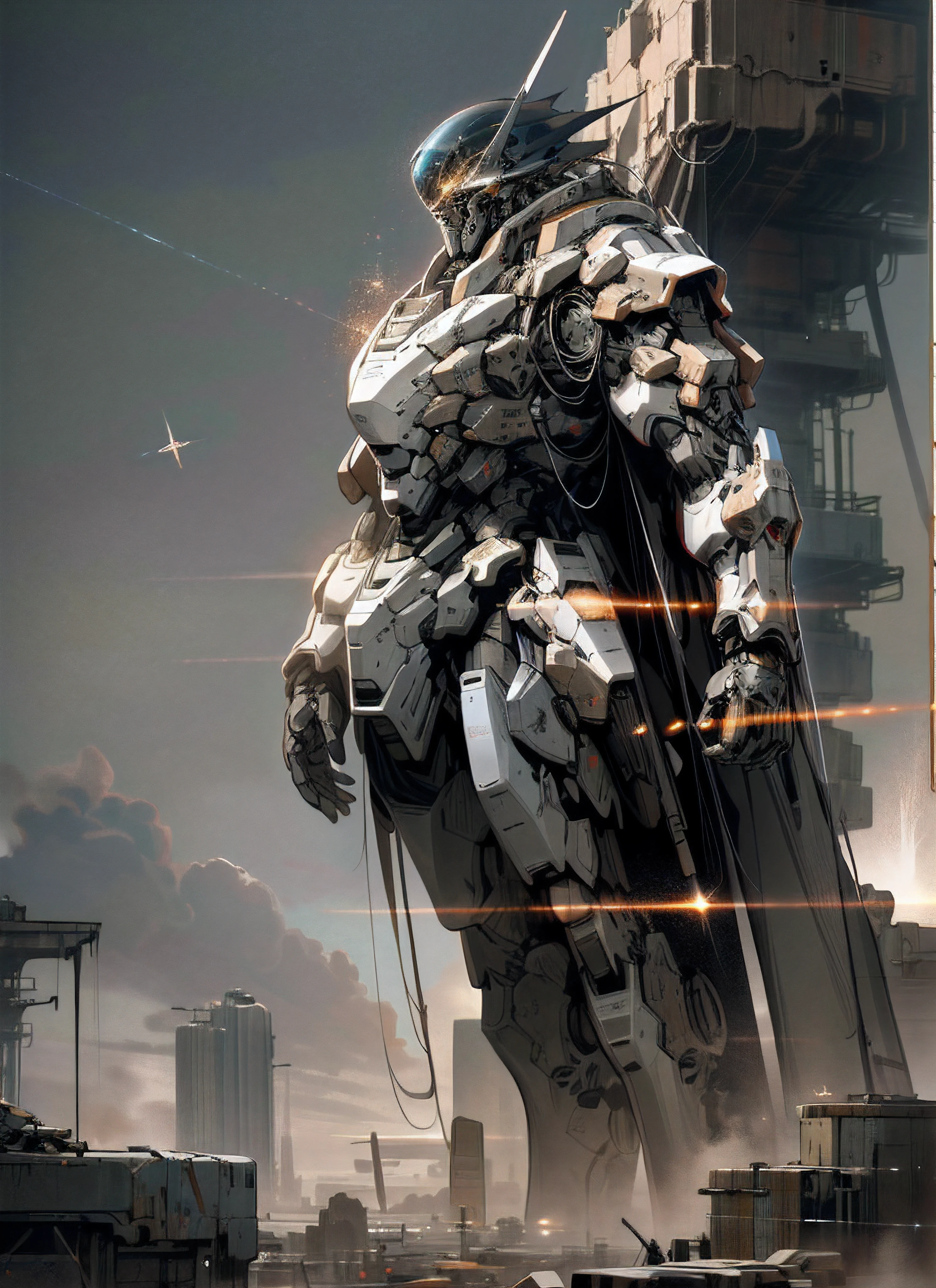 (ultra-detailed,realistic)war machine,(dystopian,apocalyptic)sky,(vast,expansive)cosmos,(desolate,empty)landscape,(holding,brandishing)weapons,(divine,holy)presence,(gigantic,towering)mechs,(godlike,supernatural)beings,(sci-fi,futuristic)novel,(blending,intertwining)reality, (epic,breathtaking)visuals