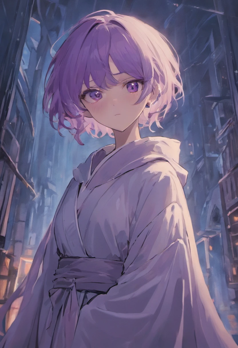 masterpiece:1.2, best quality), (detailed:1,0), (finely detailed beautiful eyes: 1.2),1woman, 1girl, (extremely detailed anime masterpiece, best quality, ultra-detailed, best shadow), (detailed background), (beautiful detailed face, beautiful detailed eyes),(masterpiece:1.2, best quality) A girl with black/purple messy hair and a tired look. She wears simple white clothing including a large robe with a scrunched collar around the neck area. The sleeves of her robe are slightly rolled up to reveal her bandage-wrapped forearms. Her pupilles eyes hold a deep empty boredom, but she maintains a small empty smile on her face. (Fullbody) (Hands at side) (Destroyed city background) (No humans)